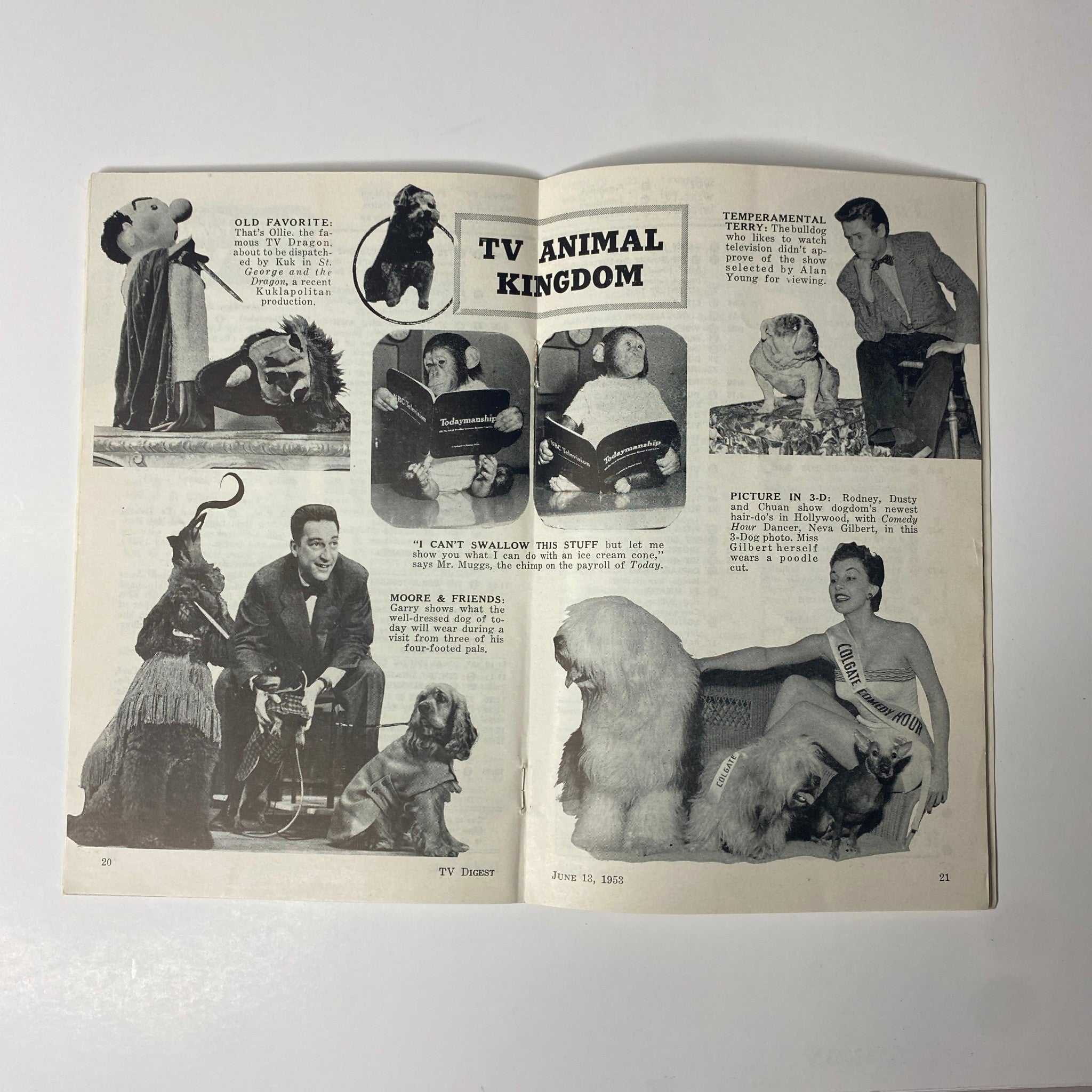 Page from TV Digest Magazine June 13, 1953 detailing various television animal characters and segments, illustrating the humor and entertainment of the era with associated images.