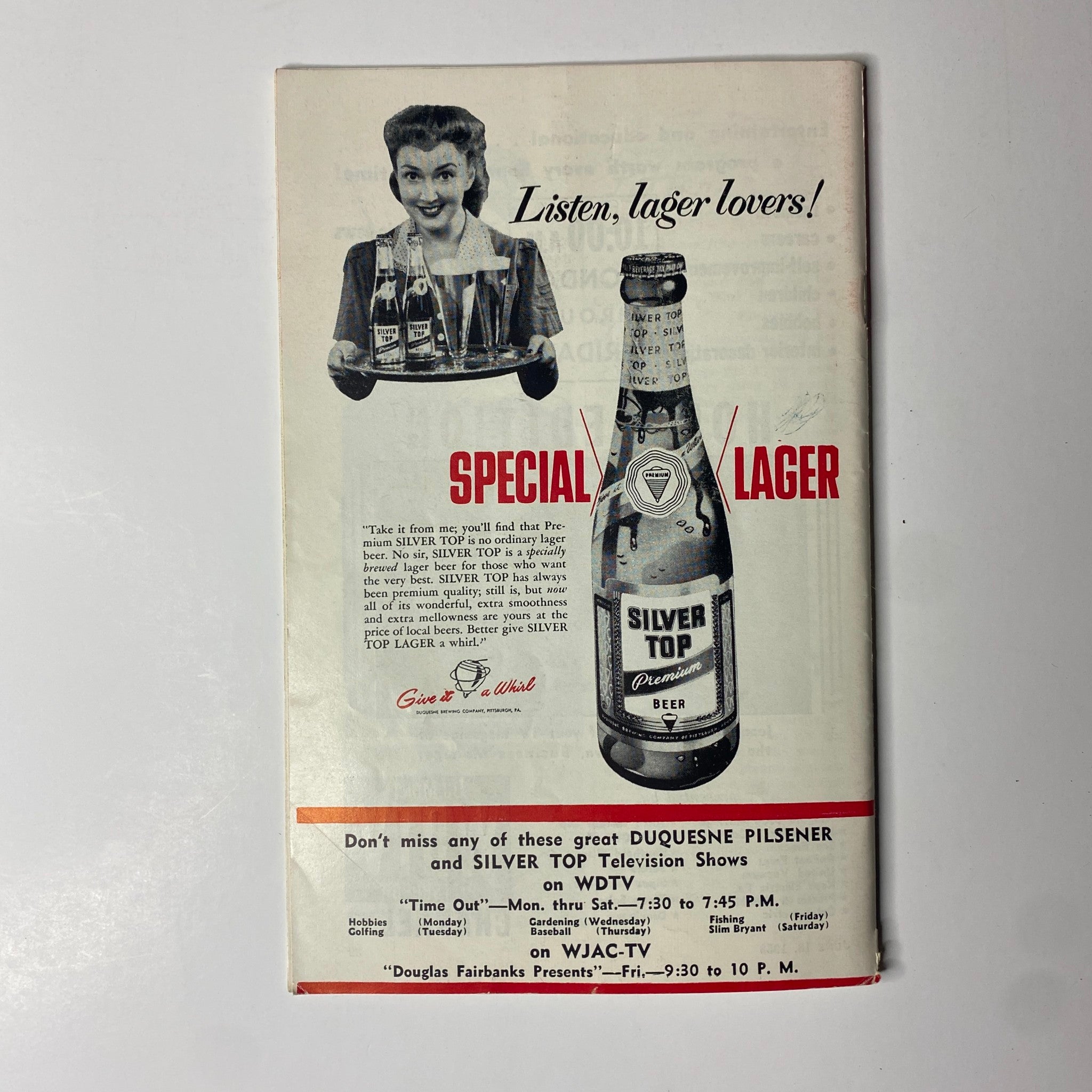 Back cover advertisement of TV Digest Magazine dated June 13, 1953 promoting Silver Top Lager, featuring a smiling woman holding beer, along with information on related TV shows.