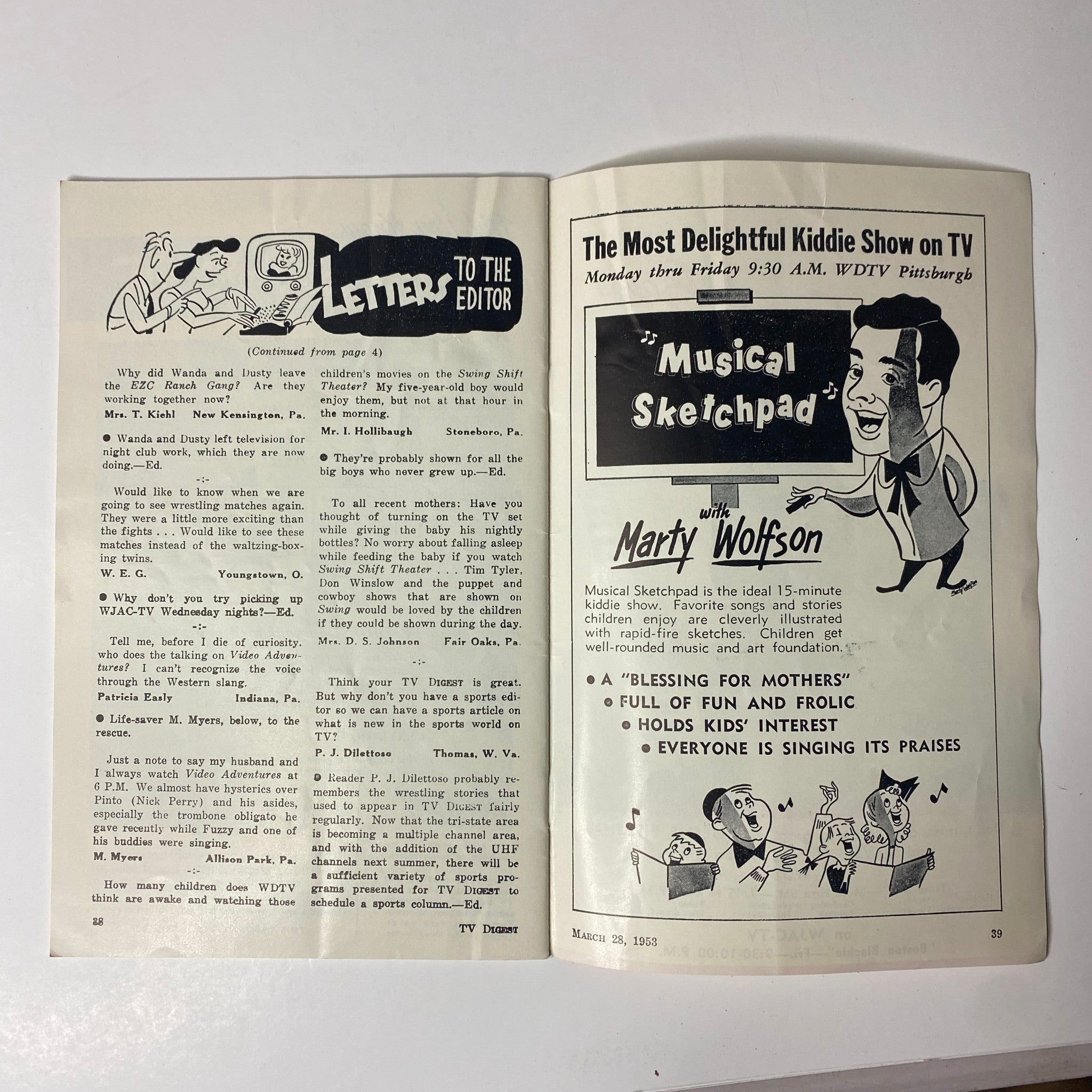 Inside page of TV Digest Magazine March 28, 1953 featuring 'Letters to the Editor' and an advertisement for 'Musical Sketchpad' on WDTV Pittsburgh. Good condition with no mailing label.