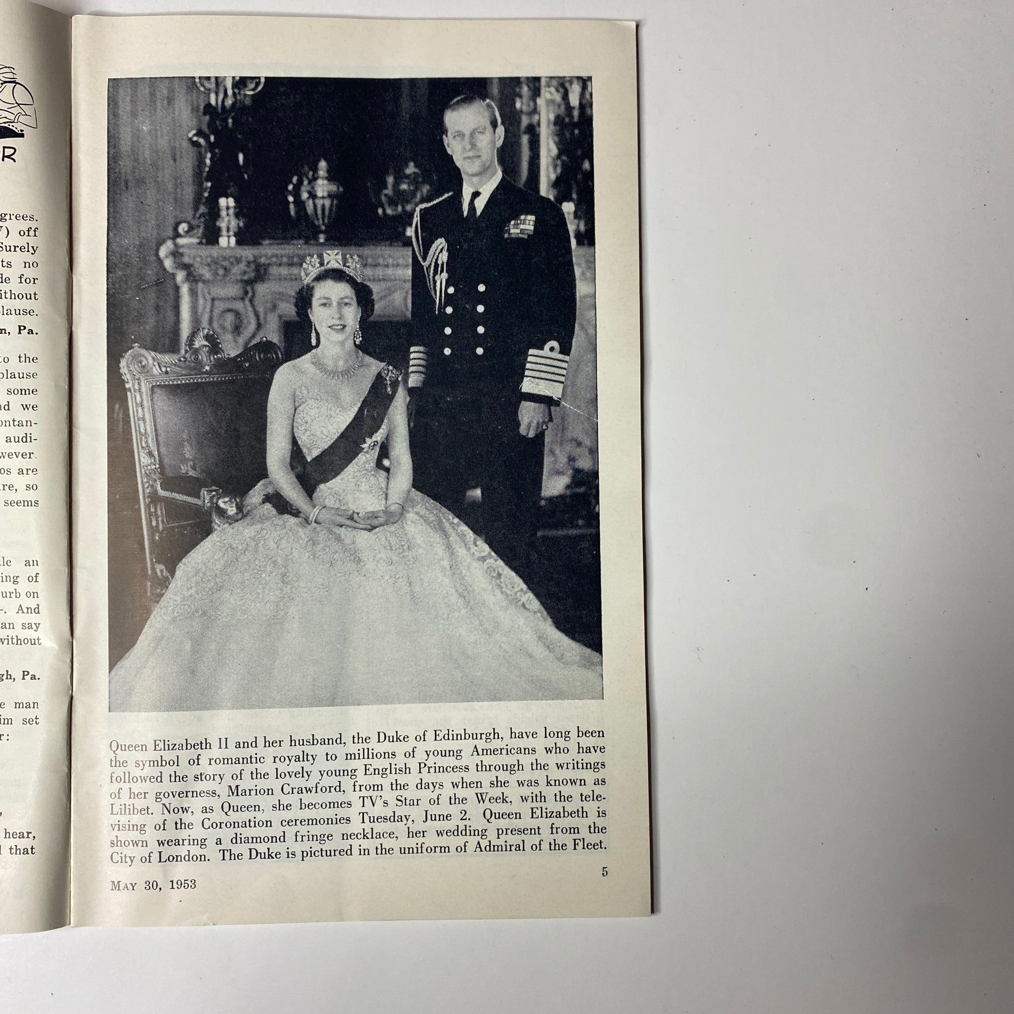 Page showcasing Queen Elizabeth II as TV Star of the Week in the TV Digest Magazine, May 30, 1953, with a portrait of her and the Duke of Edinburgh.