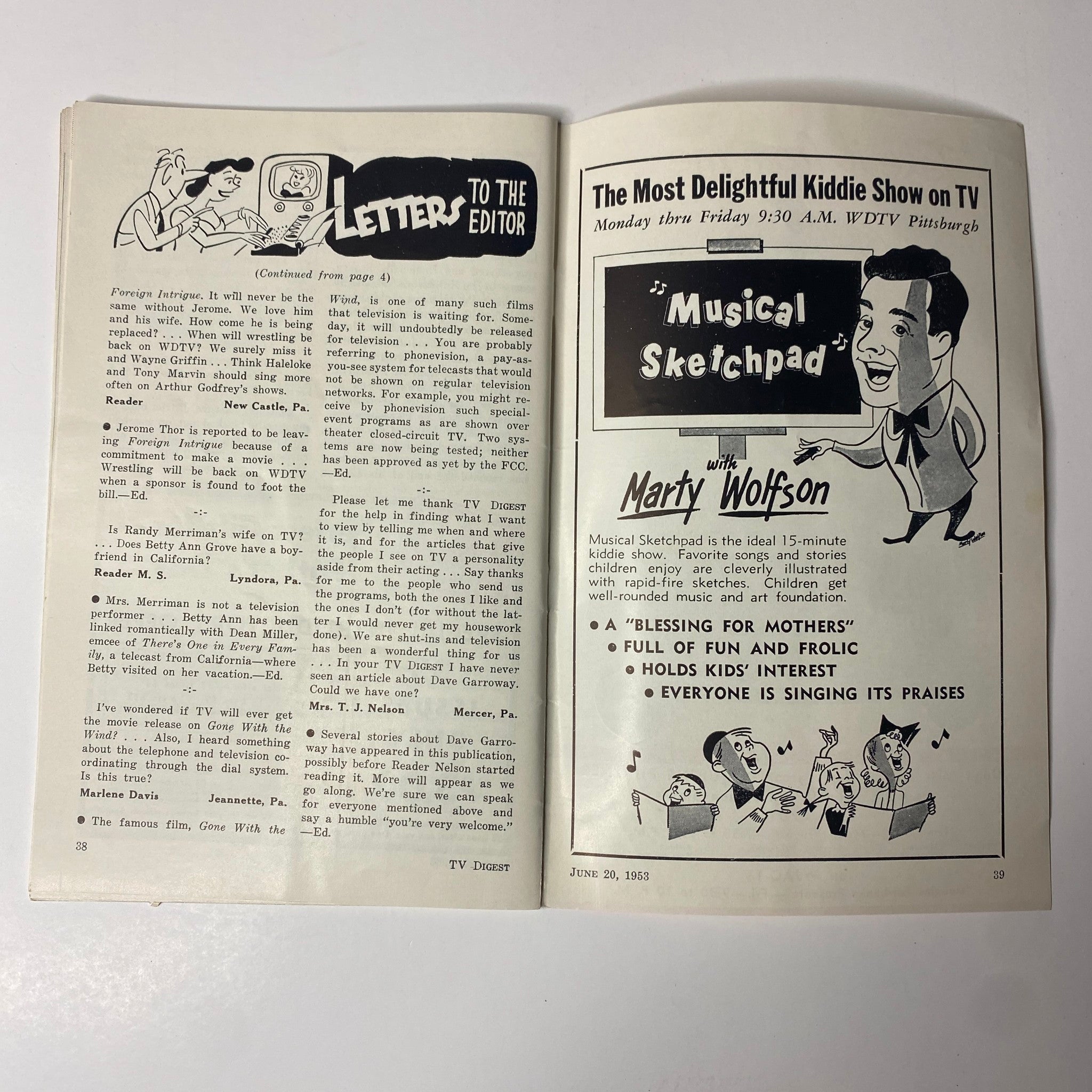 Interior page of TV Digest Magazine, June 20, 1953 showing letters to the editor and advertisement for Musical Sketchpad with Marty Wolfson.