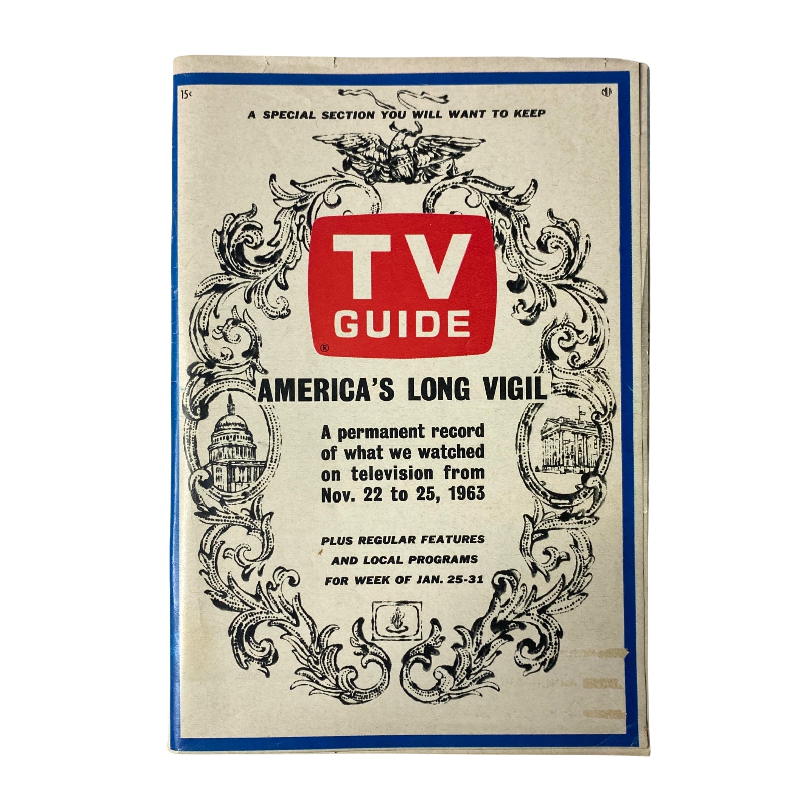 Cover of TV Guide Magazine January 25, 1964 featuring America's Long Vigil, showcasing a decorative design and the iconic TV Guide logo.