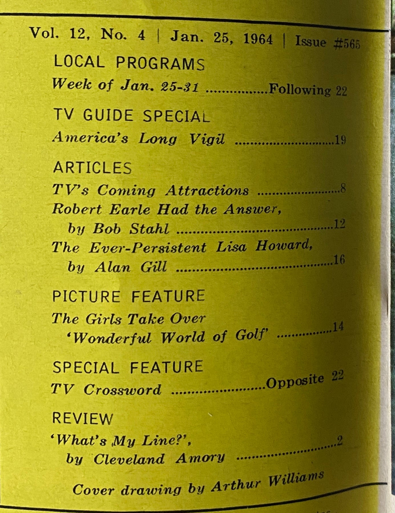 Table of contents from TV Guide Magazine January 25, 1964, highlighting featured articles and local programs for the week.