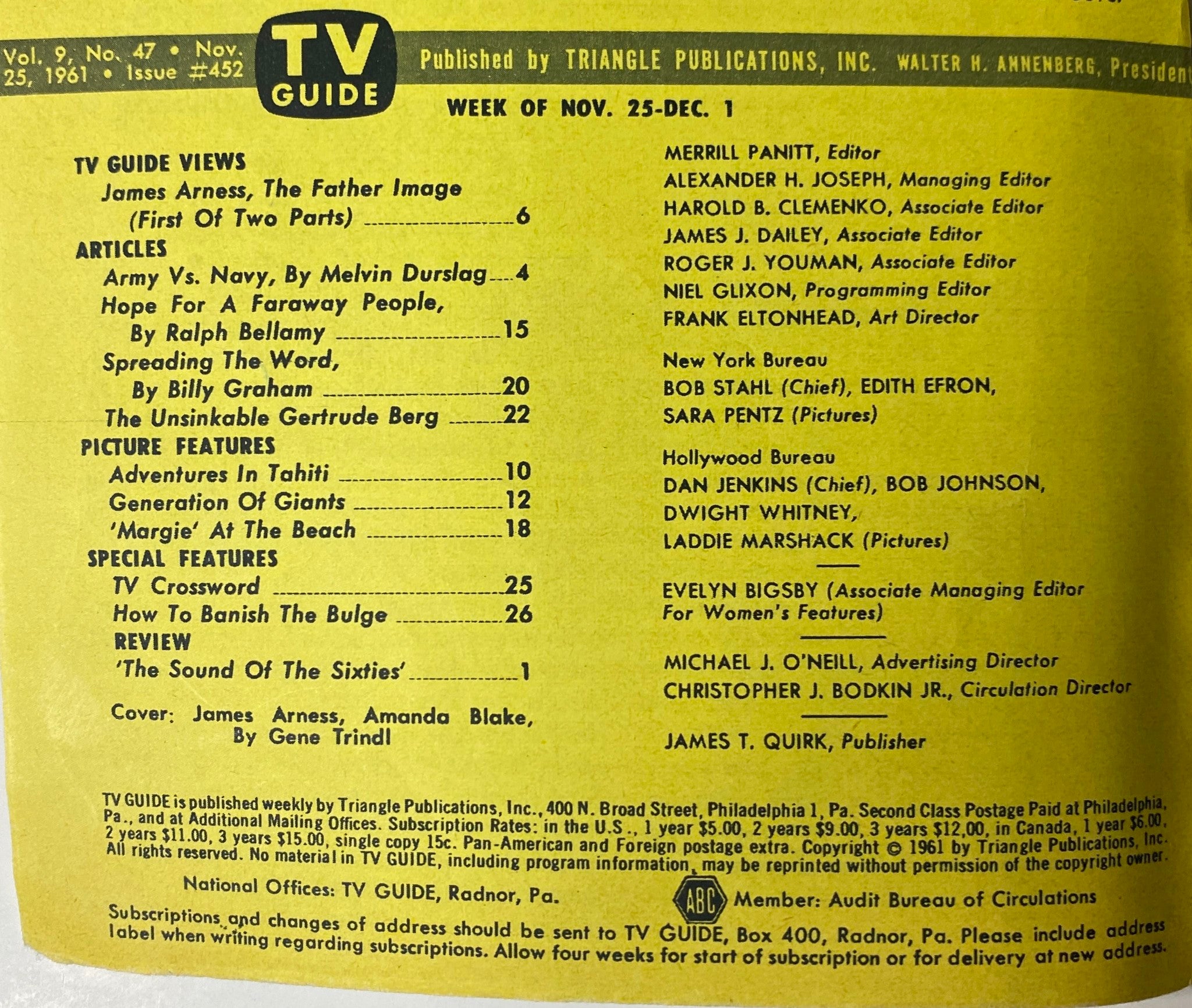 Inside page of TV Guide Magazine, November 25, 1961, detailing articles such as 'James Arness, The Father Image' and other features for the week.