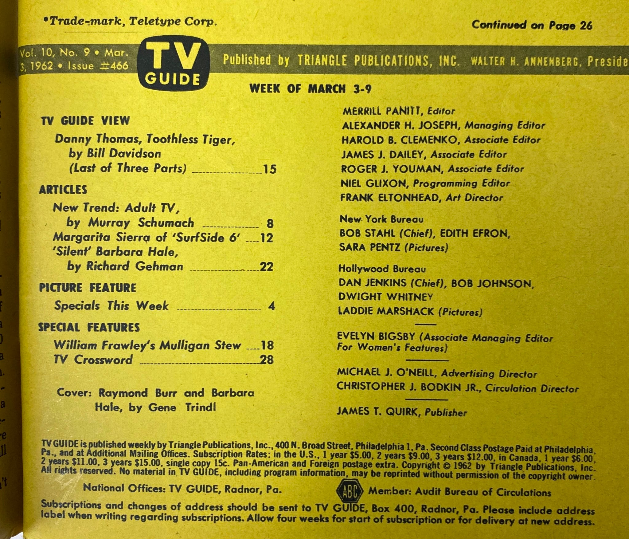 TV Guide Magazine March 3, 1962 edition showcasing Raymond Burr and Barbara Hale on the cover, featuring articles and highlights from early 1960s television.