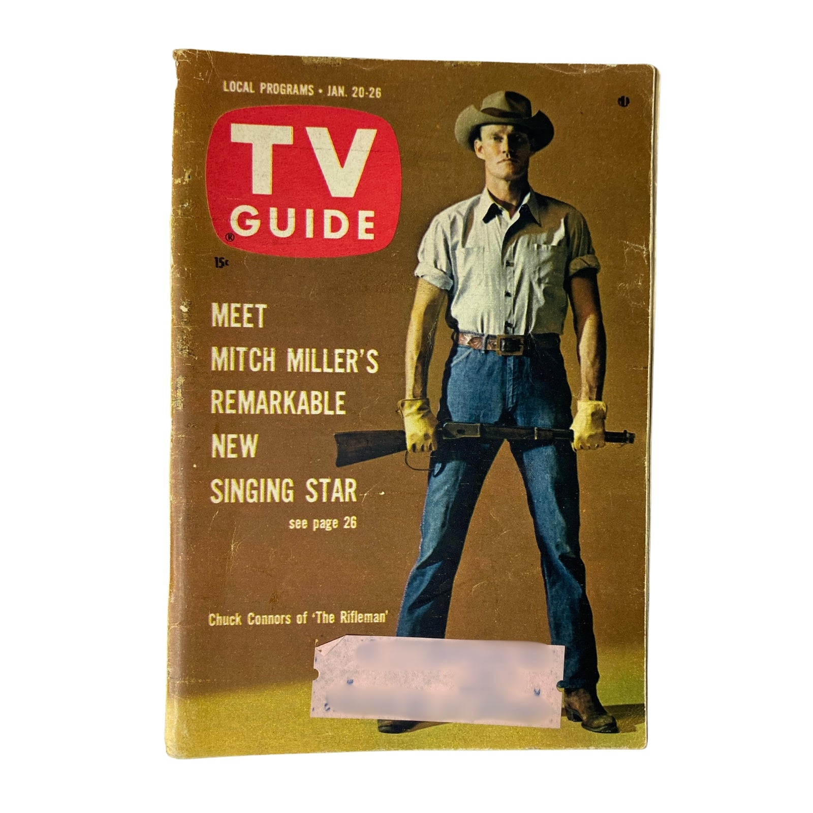 Cover of TV Guide Magazine January 20, 1962 featuring Chuck Connors, promoting Mitch Miller's singing star with a photograph by Todd Walker. Condition notes: acceptable, with a good interior, but back pages missing.
