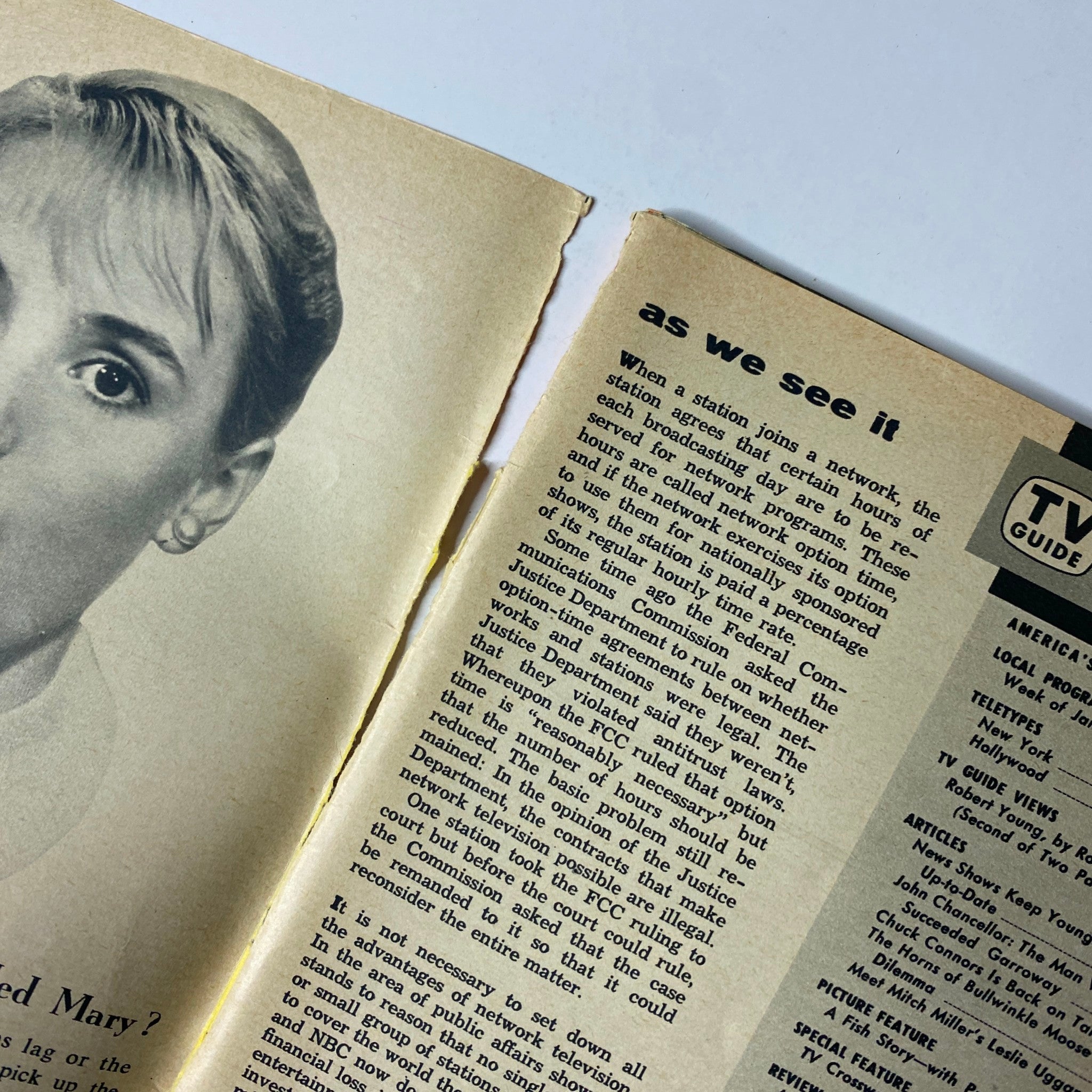 Interior page of TV Guide Magazine January 20, 1962 showing a segment titled 'as we see it,' discussing network broadcasting agreements, with a close-up of the magazine's content.