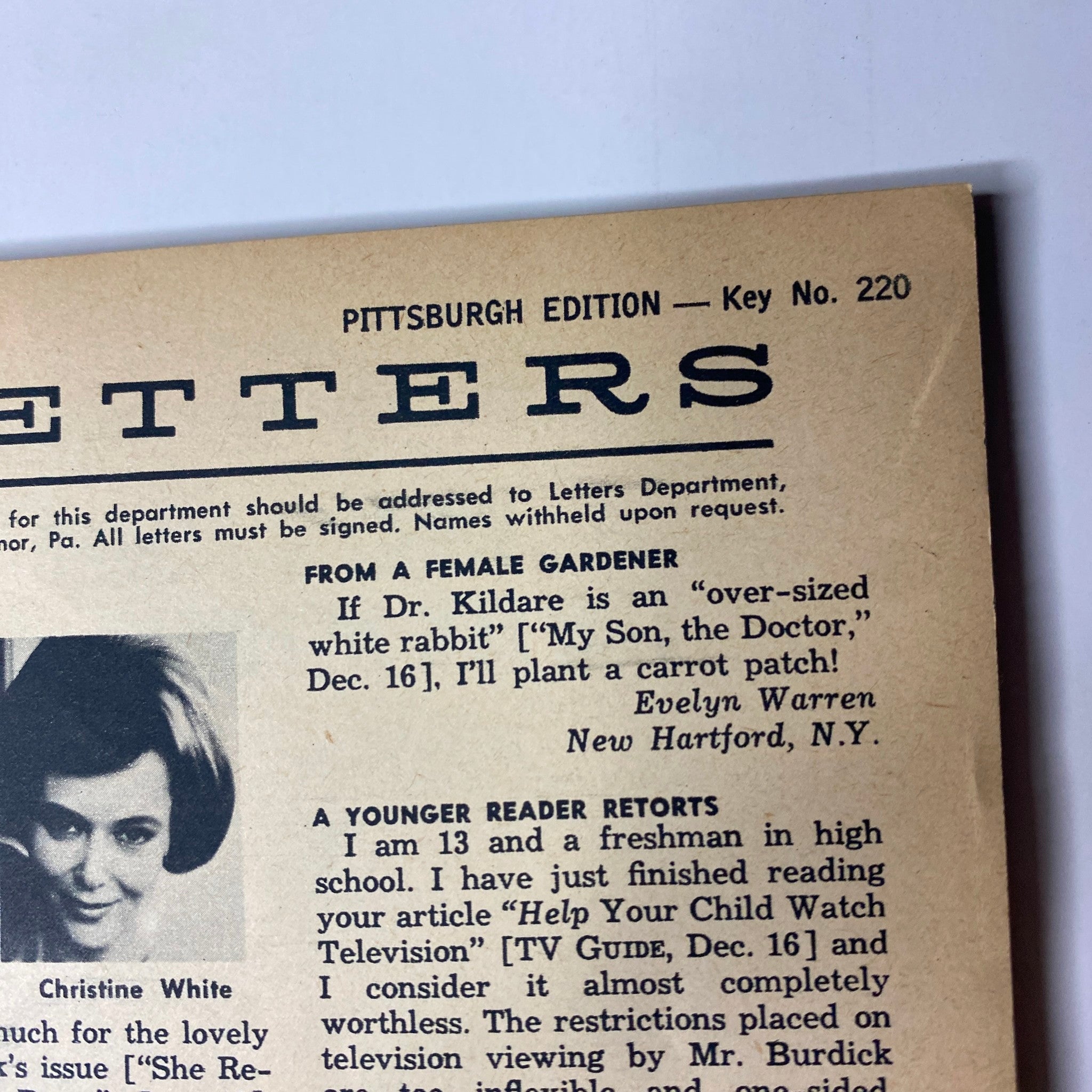 Letters section from TV Guide Magazine January 20, 1962 featuring responses to articles, including a commentary by Christine White and insights on Dr. Kildare.
