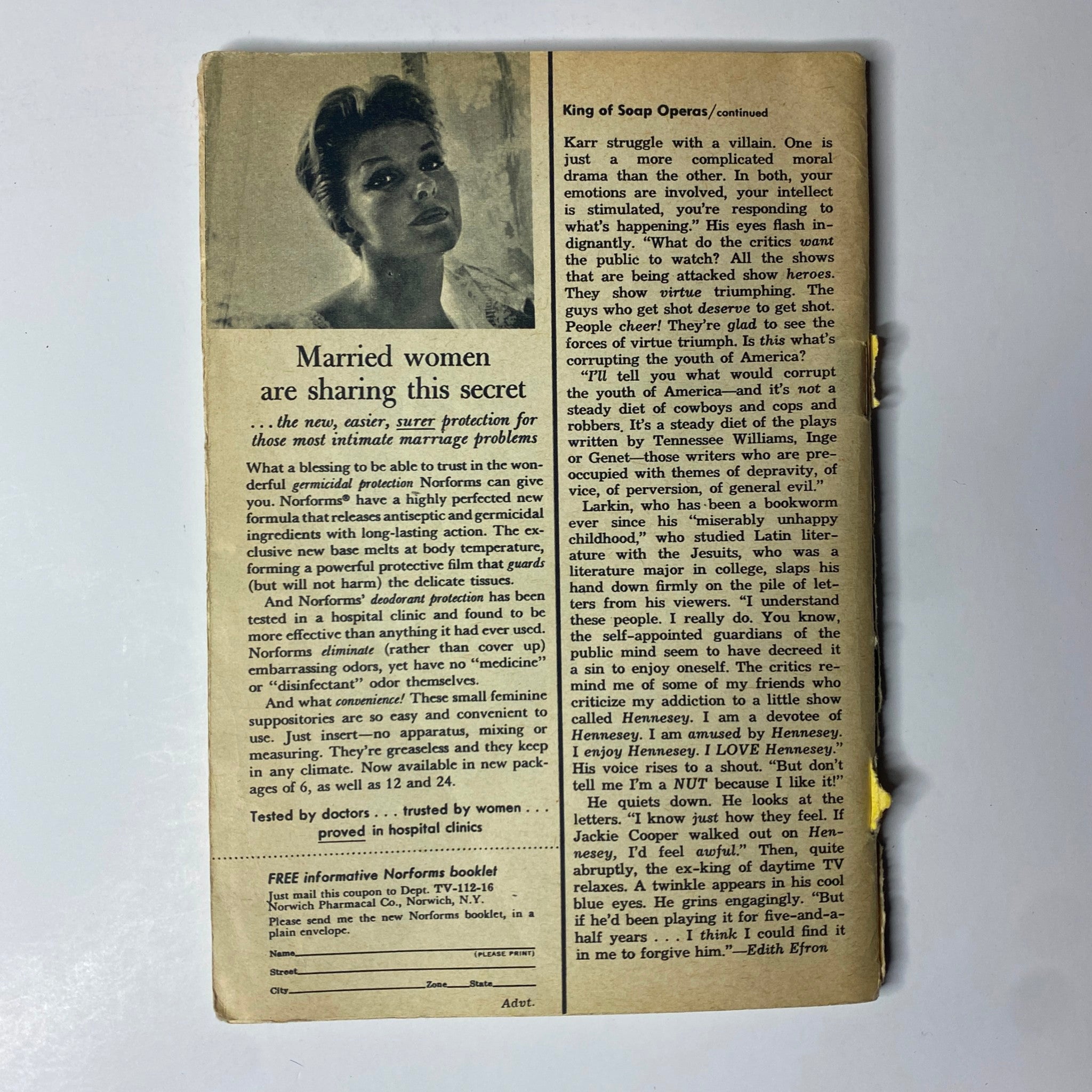 Back page of TV Guide Magazine December 16, 1961, displaying an advertisement for Norforms, a product aimed at women, alongside a featured article on the complexities of serial dramas. Pittsburgh Edition.