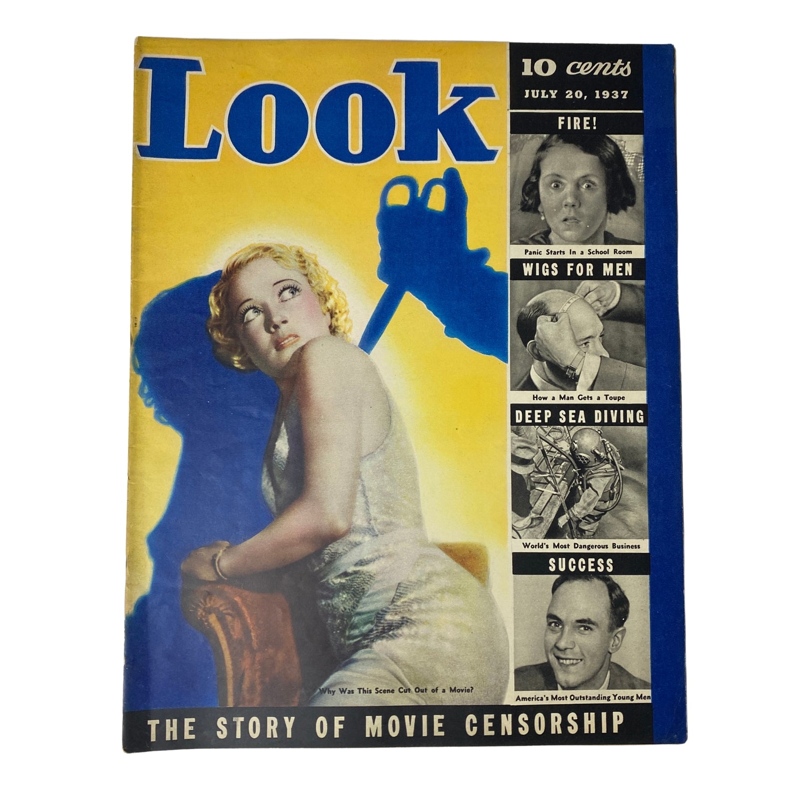 Cover of Look Magazine, July 20, 1937, featuring the cover story 'The Story of Movie Censorship' with striking graphics, showcasing a woman in a glamorous dress against a yellow background.