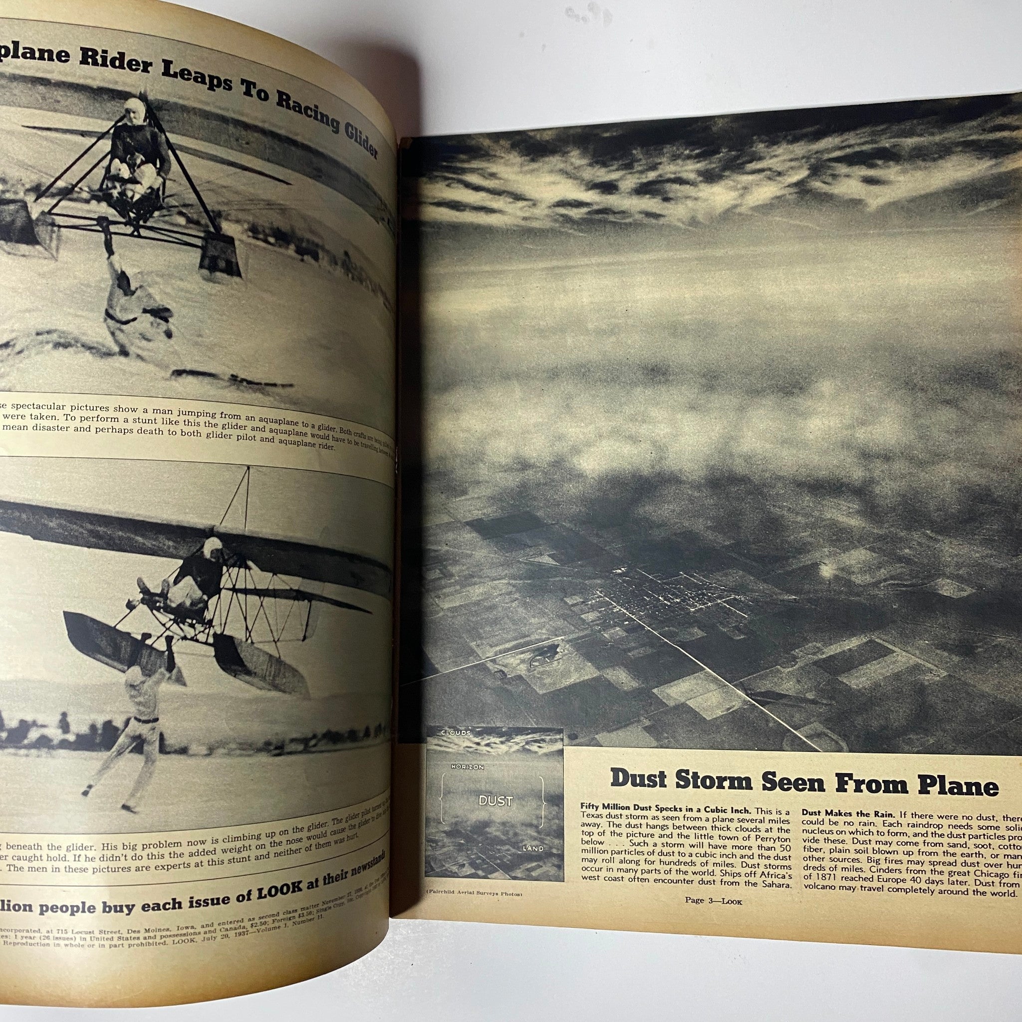Interior page from Look Magazine, July 20, 1937, illustrating a dramatic photograph of a plane rider performing a leap, captioned 'Dust Storm Seen From Plane' highlighting pre-WWII aerial photography.