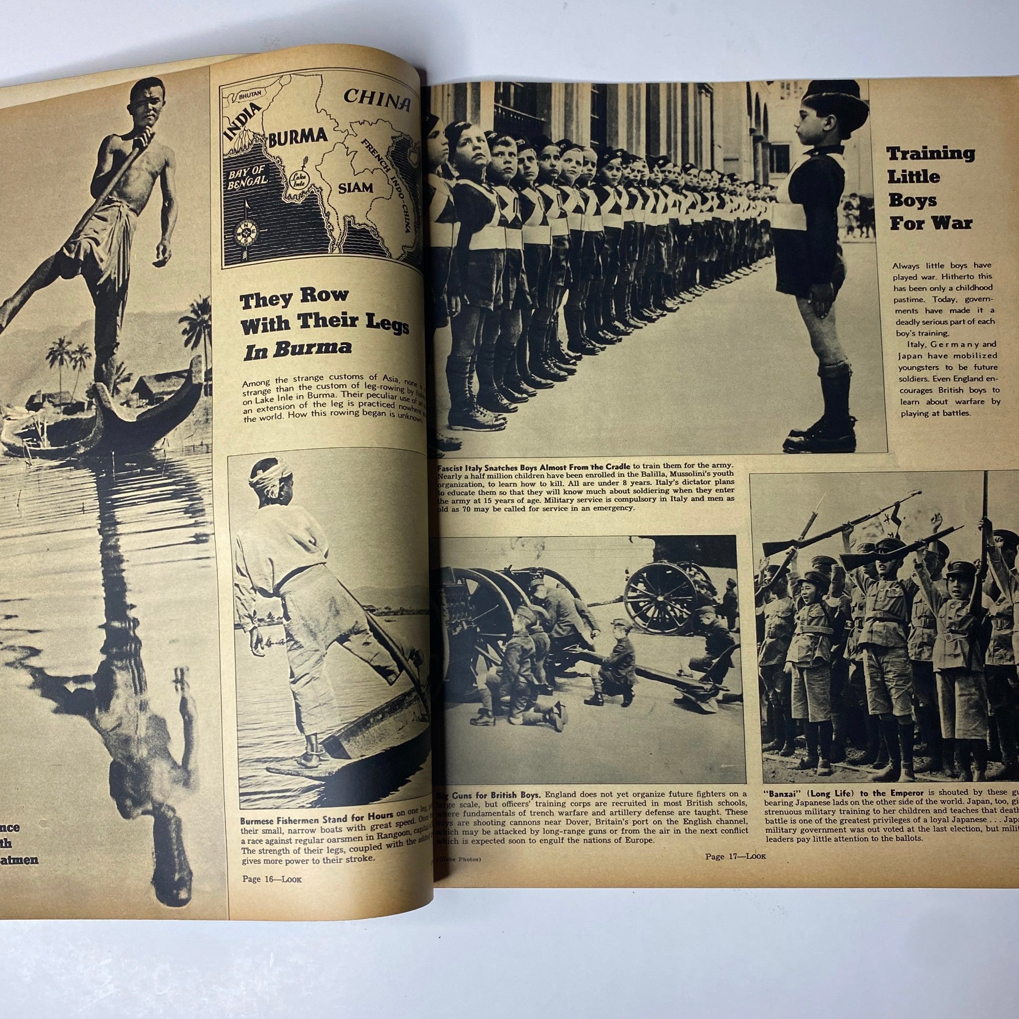 Interior page from Look Magazine, July 20, 1937, featuring a series of images related to unique customs in Burma and military training for young boys, capturing a snapshot of global culture in the 1930s.