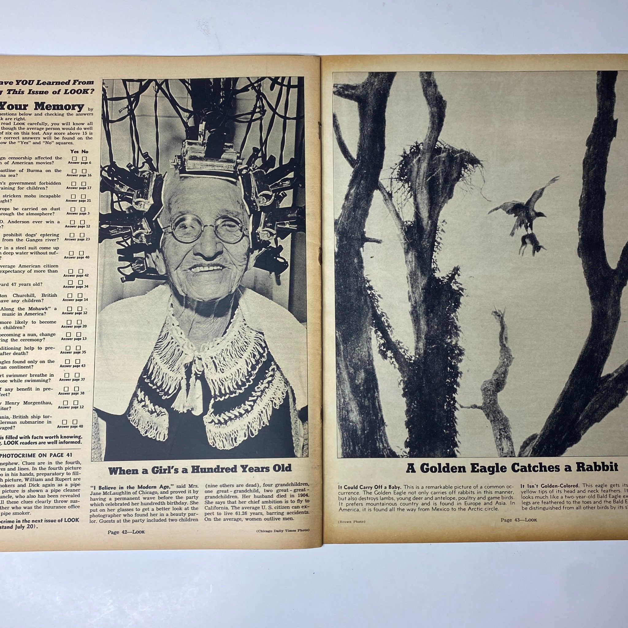 Another interior spread from Look Magazine, July 20, 1937, showcasing the experimental technology on a centenarian and the dramatic capture of a rabbit by a golden eagle.