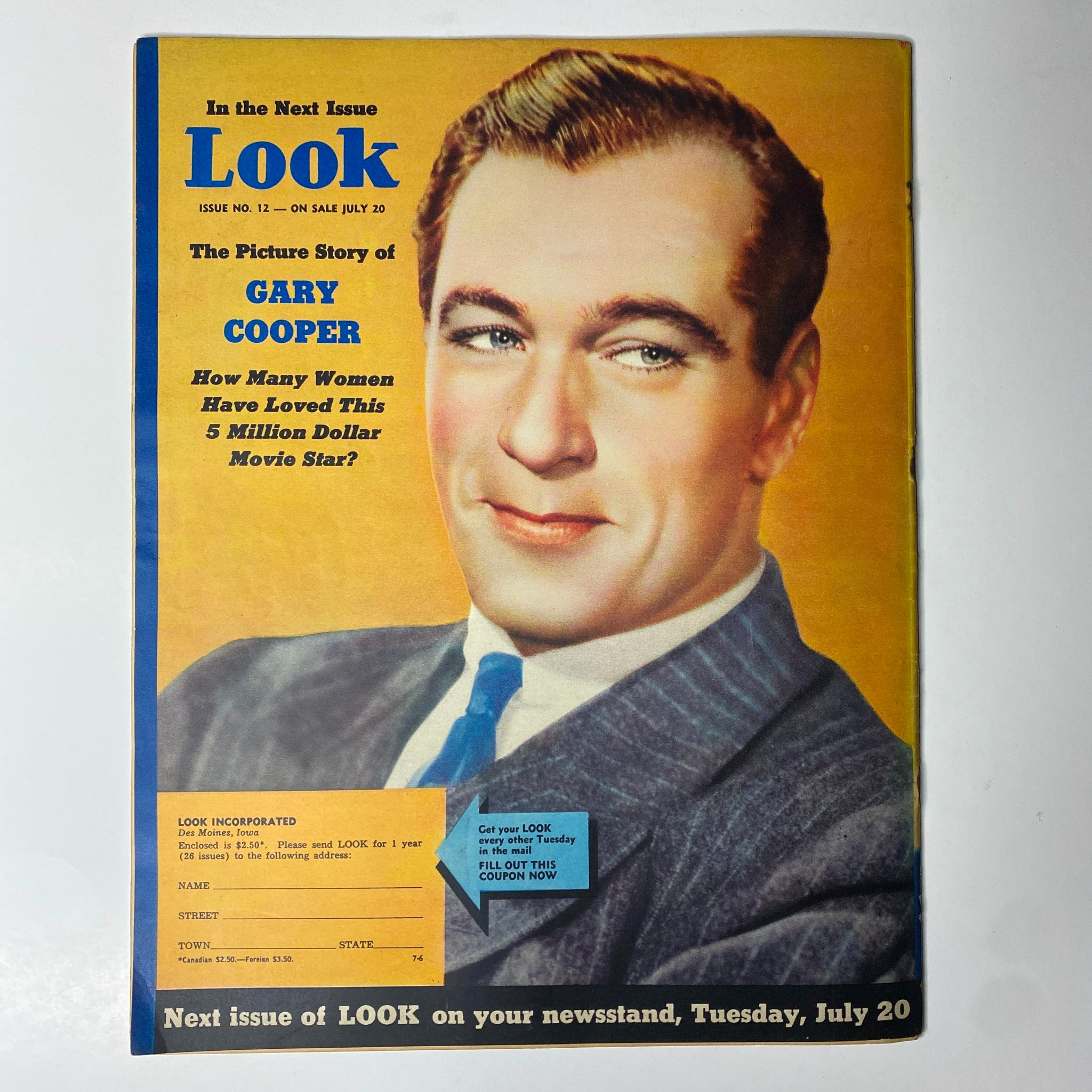 Cover of Look Magazine, July 20, 1937, featuring Gary Cooper and promoting an upcoming issue in the context of the story of movie censorship.