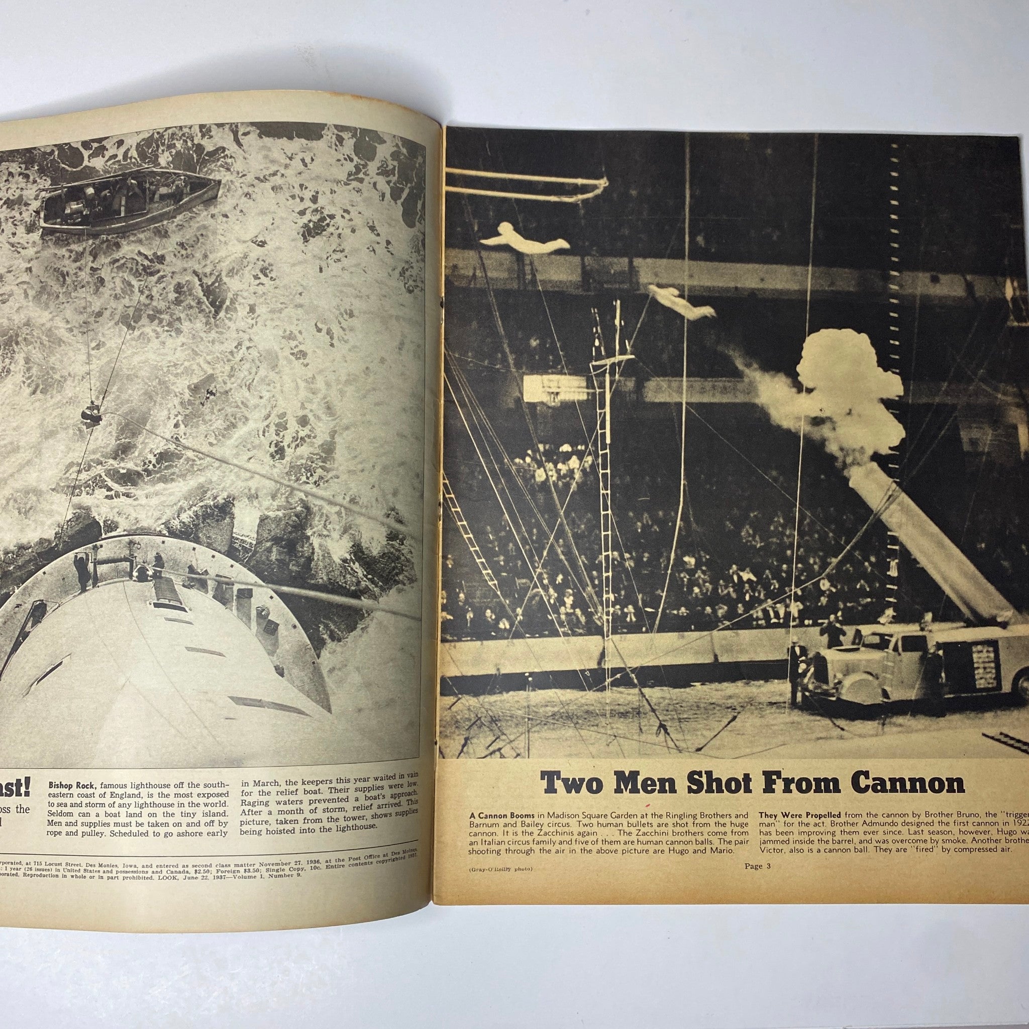 Interior pages of Look Magazine from June 22, 1937, showcasing dramatic images including two men shot from a cannon and a lighthouse rescue scene, reflecting the adventurous spirit of the era.