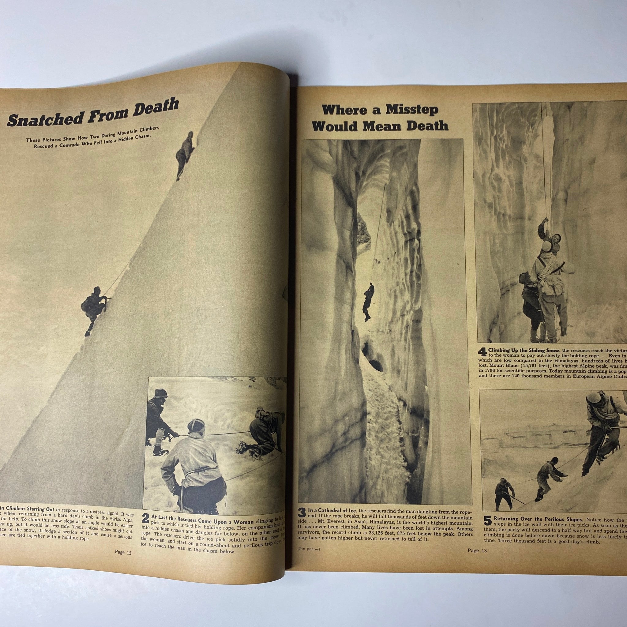 Look Magazine June 22, 1937 showcases a dramatic climbing rescue with images of mountain climbers navigating dangerous icy terrain.