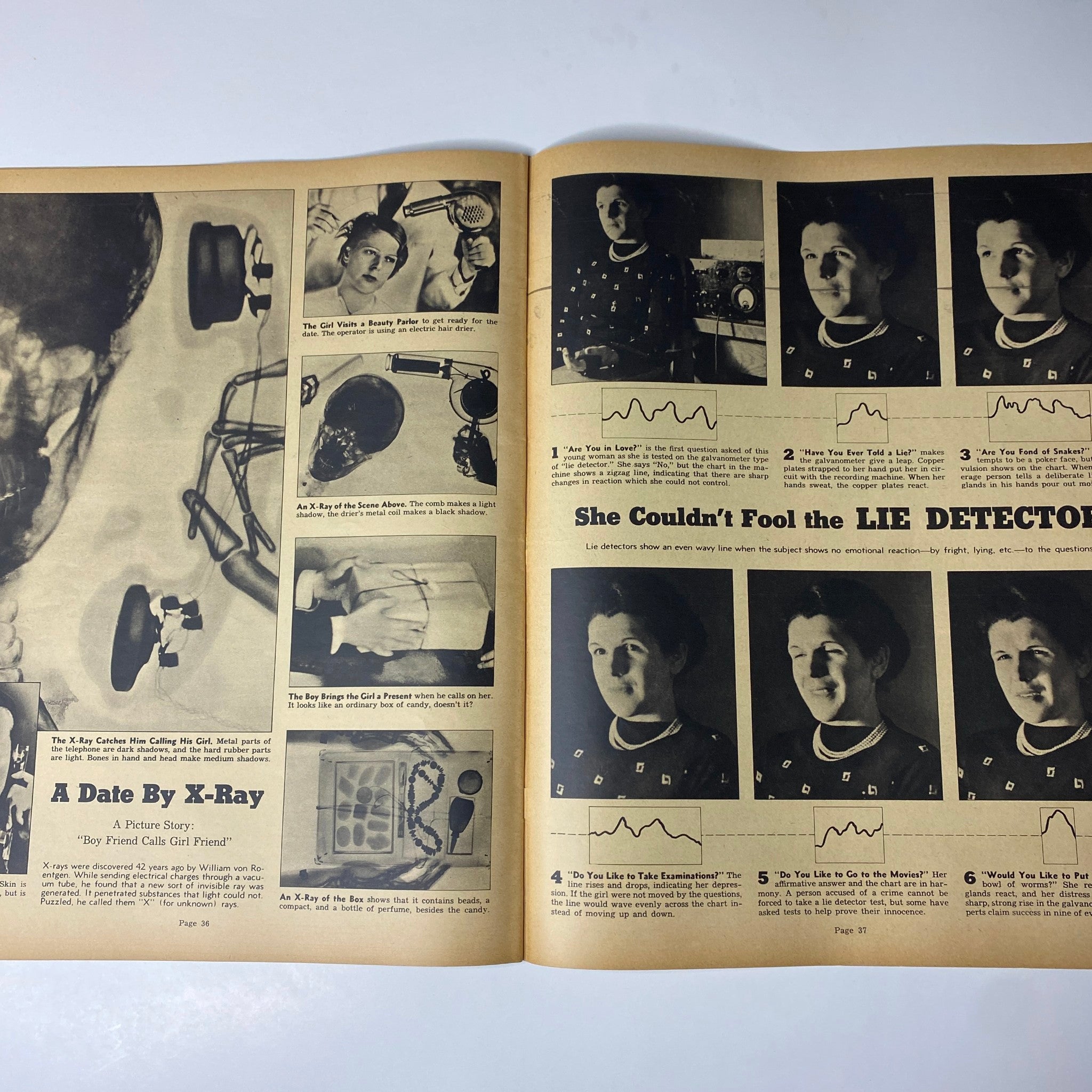Look Magazine June 22, 1937 presents a lie detector test in a feature showing the process and emotional responses of the test subject.