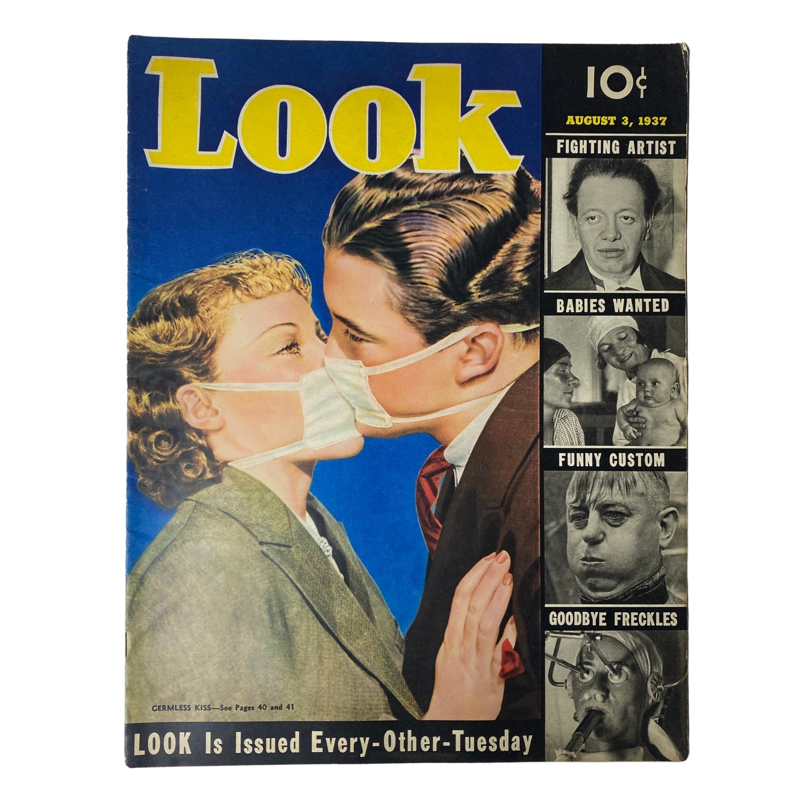 Cover of Look Magazine, August 3, 1937, featuring a thematic illustration titled 'The Germless Kiss', reflecting 1930s social customs and public health dialogues.