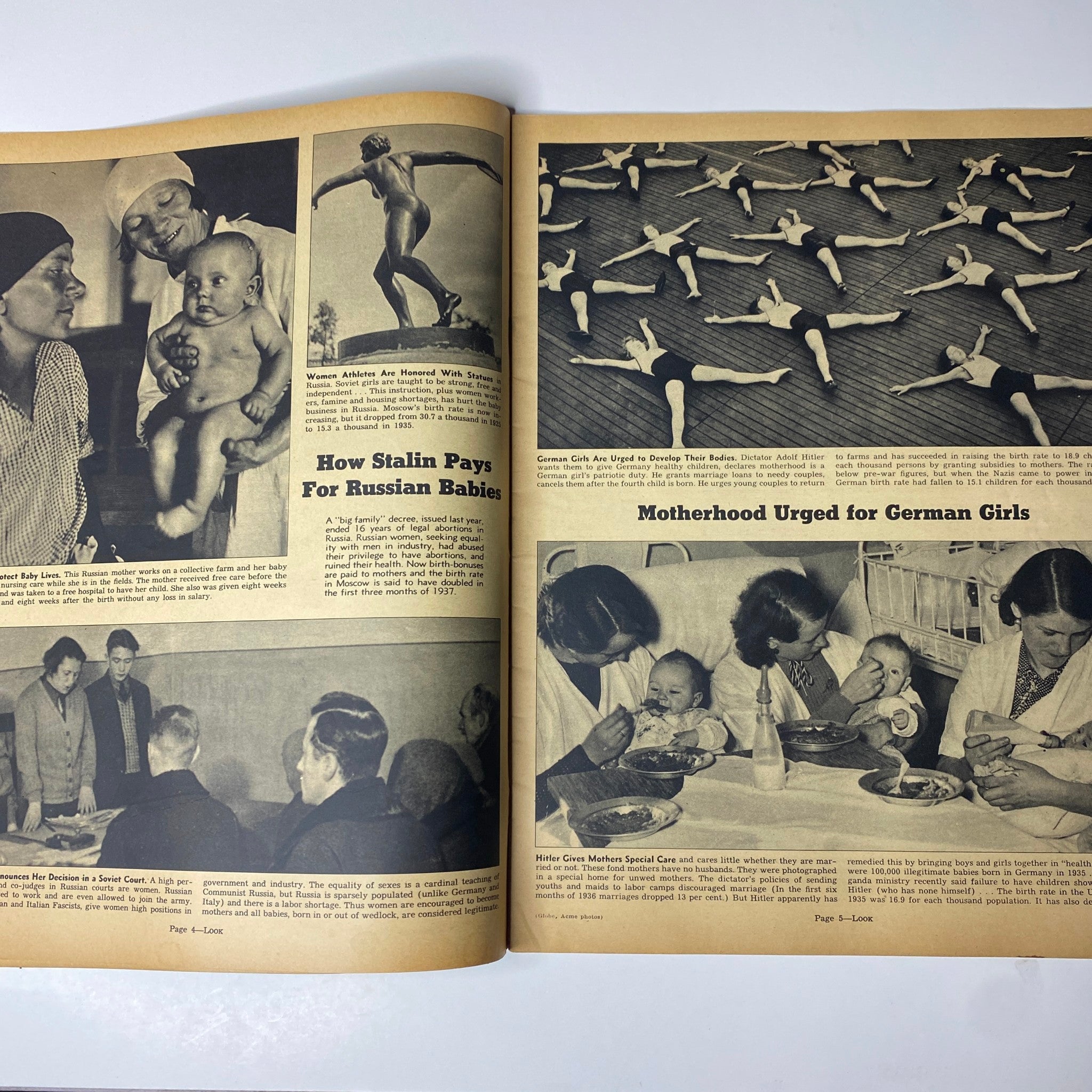 Inside pages of Look Magazine, August 3, 1937, showcasing articles on motherhood encouragement for Russian and German women, highlighting cultural and political issues of the era.