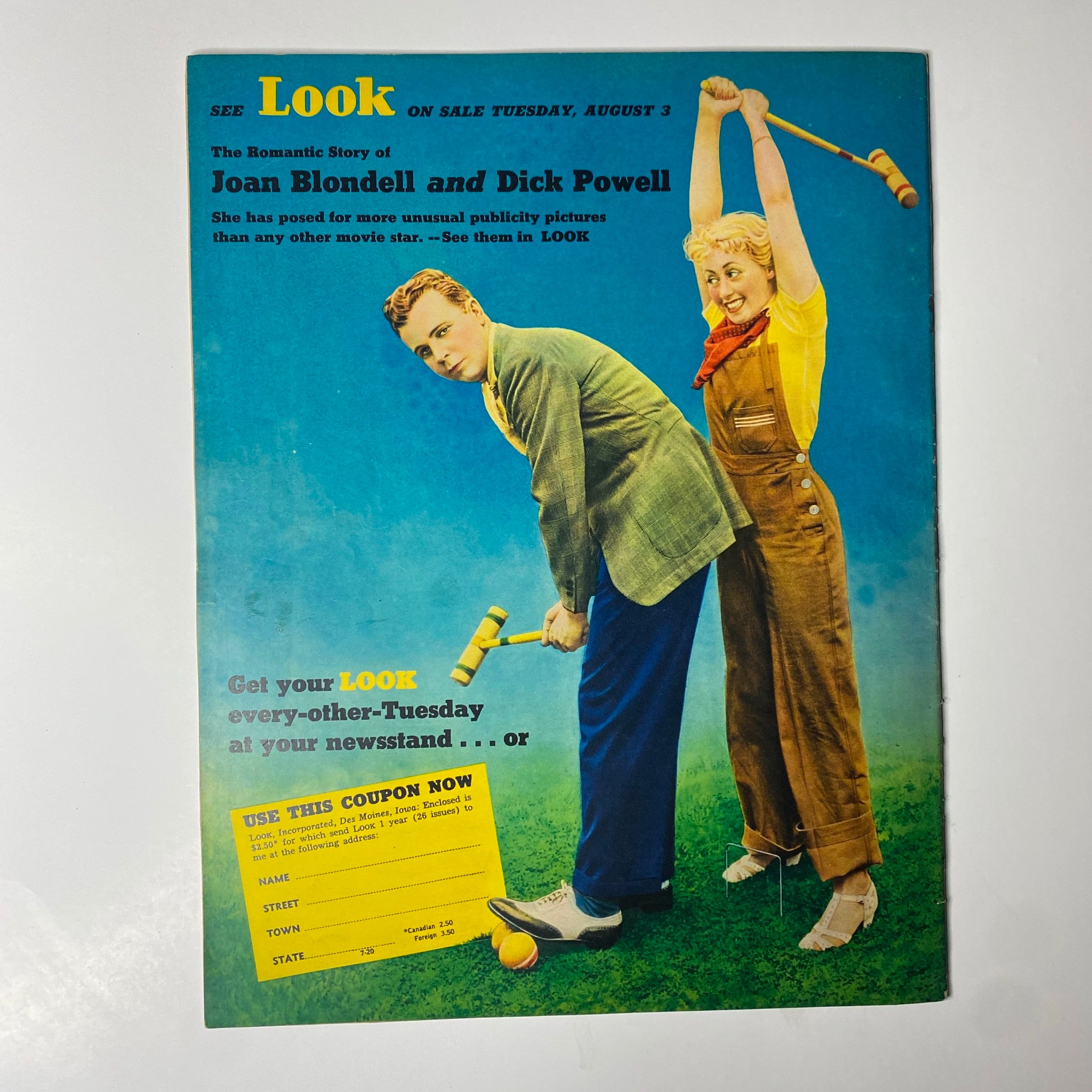Cover of Look Magazine August 3, 1937 featuring the headline "The Germless Kiss" with a colorful illustration of two actors engaging in a lighthearted pose, promoting the romantic story of Joan Blondell and Dick Powell, in very good condition.