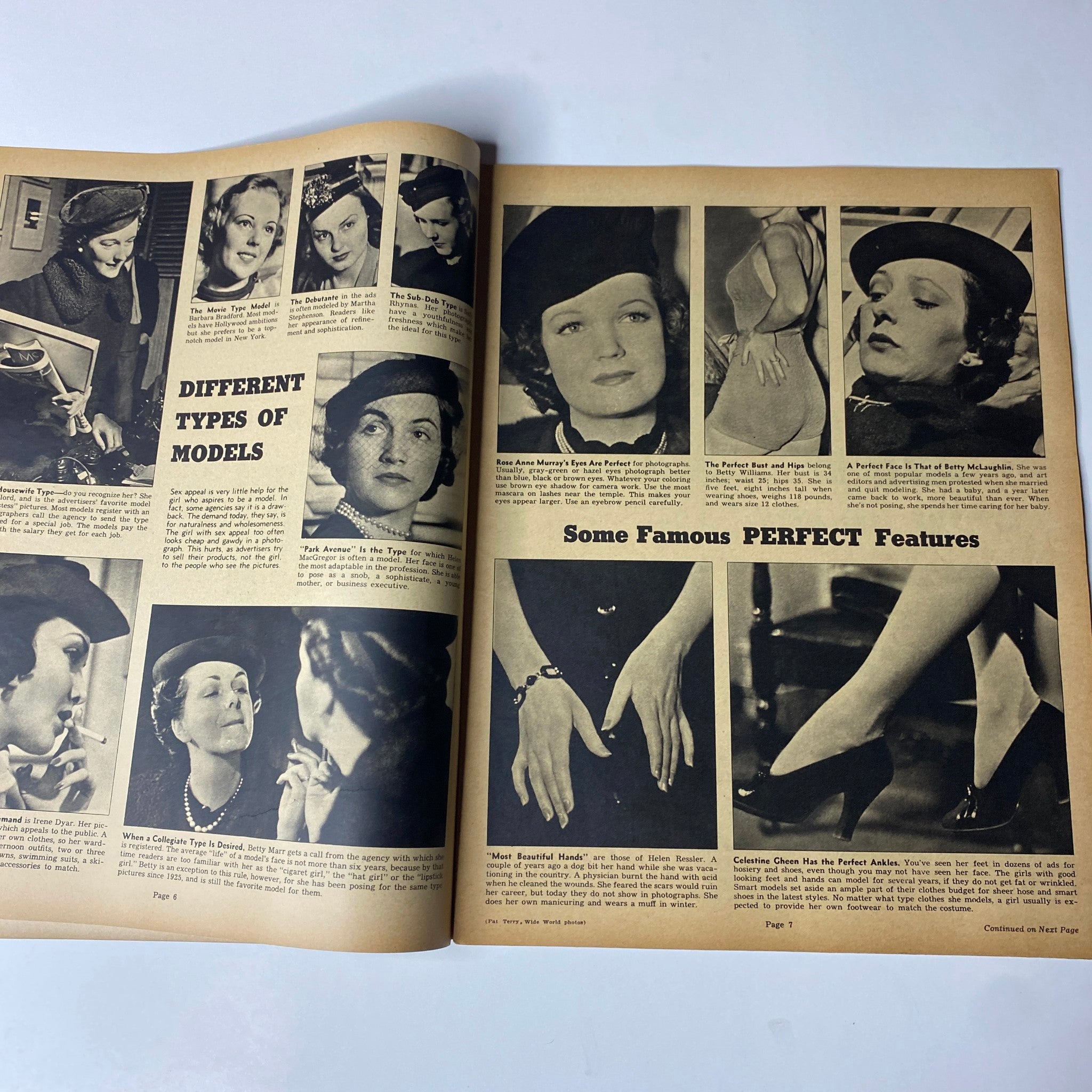 Two-page spread from Look Magazine June 8, 1937, displaying various models with different features and styles, emphasizing beauty standards of the era.