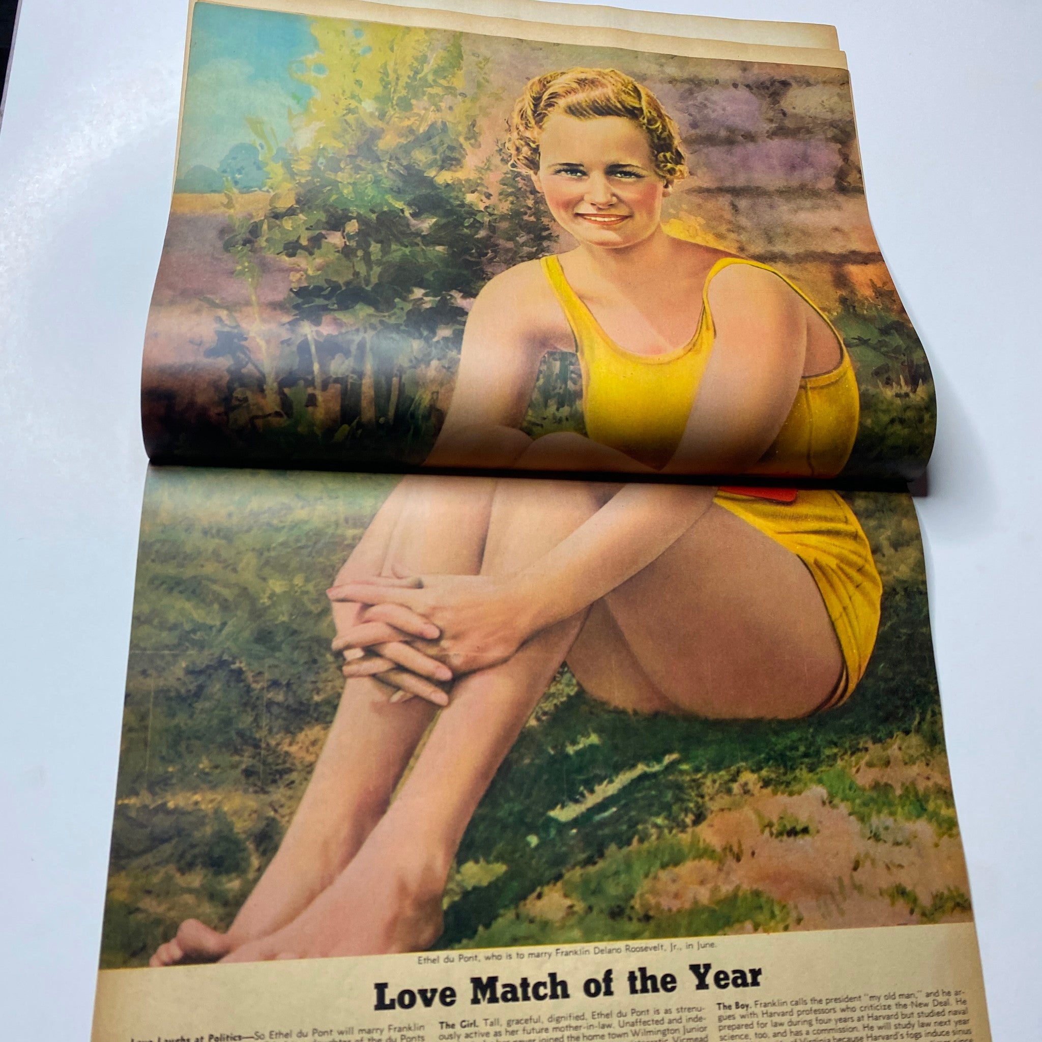 Illustrated page from Look Magazine June 8, 1937, featuring Ethel du Pont in a yellow swimsuit, highlighting her as the 'Love Match of the Year' in the context of celebrity culture.