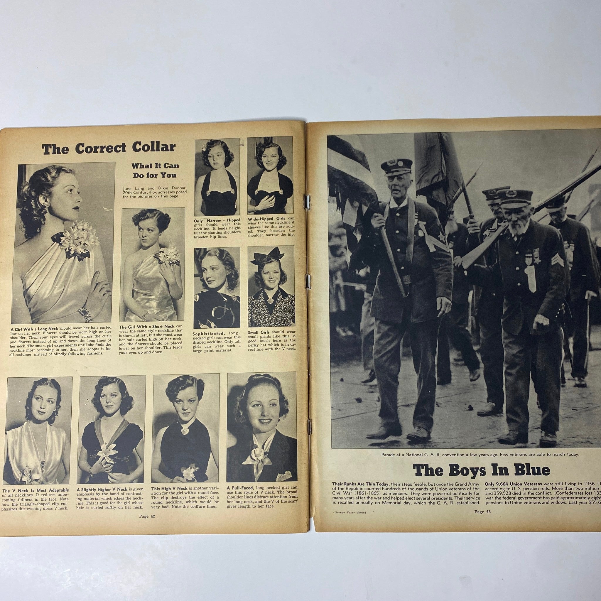 Two-page spread from Look Magazine June 8, 1937, showcasing fashion advice on collars and featuring a historical photo of veterans marching, illustrating the magazine's diverse content.