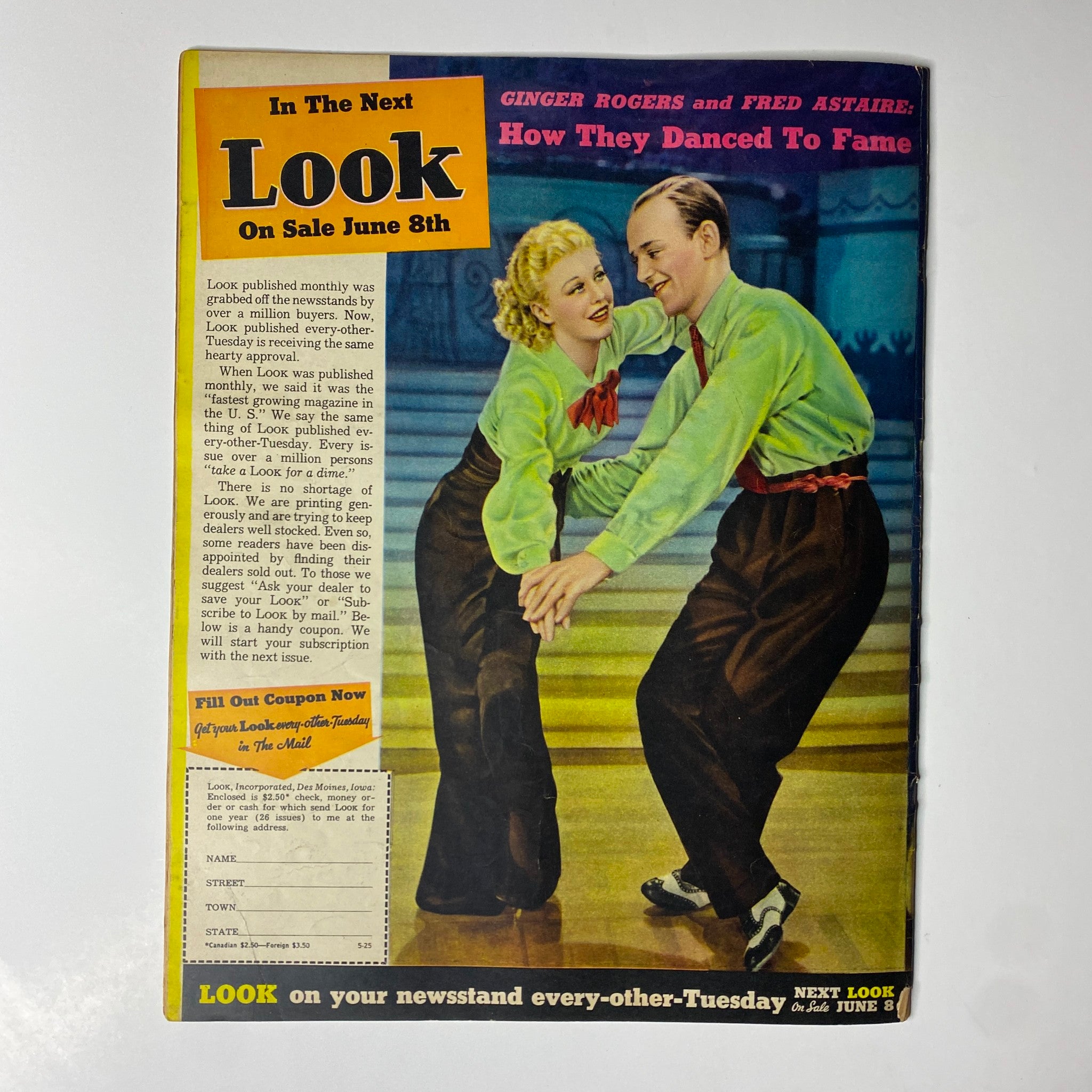 Look Magazine cover featuring Ginger Rogers and Fred Astaire, promoting the next issue on sale June 8th, alongside the title 'Look Magazine June 8, 1937 William Powell and Myrna Loy No Label VG'. This vintage magazine showcases the iconic dancers in vibrant colors, making it a collectible piece for fans of classic cinema.