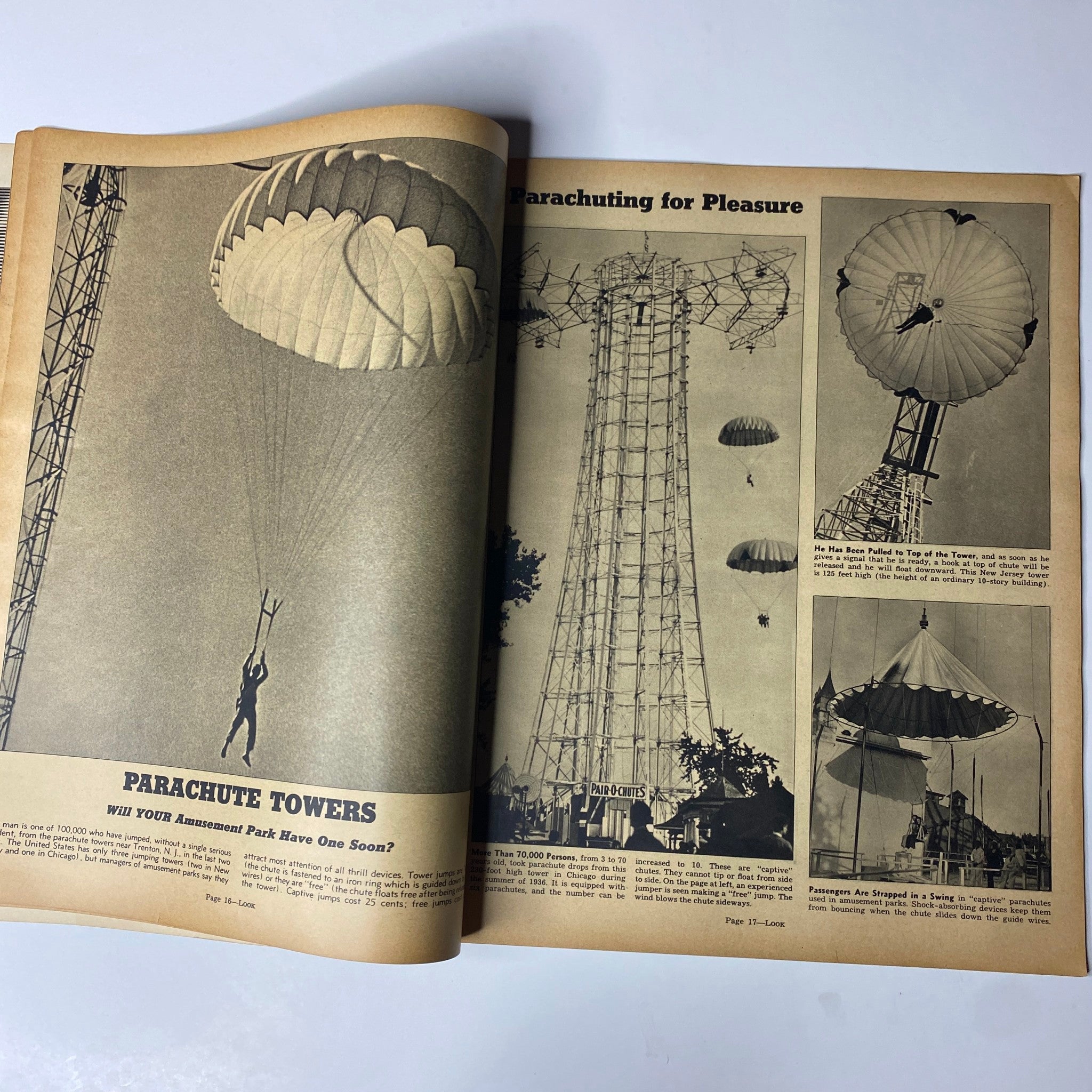 A page from Look Magazine July 6, 1937 discussing 'Parachuting for Pleasure', featuring images of parachute towers and a parachutist, emphasizing entertainment developments in amusement parks.