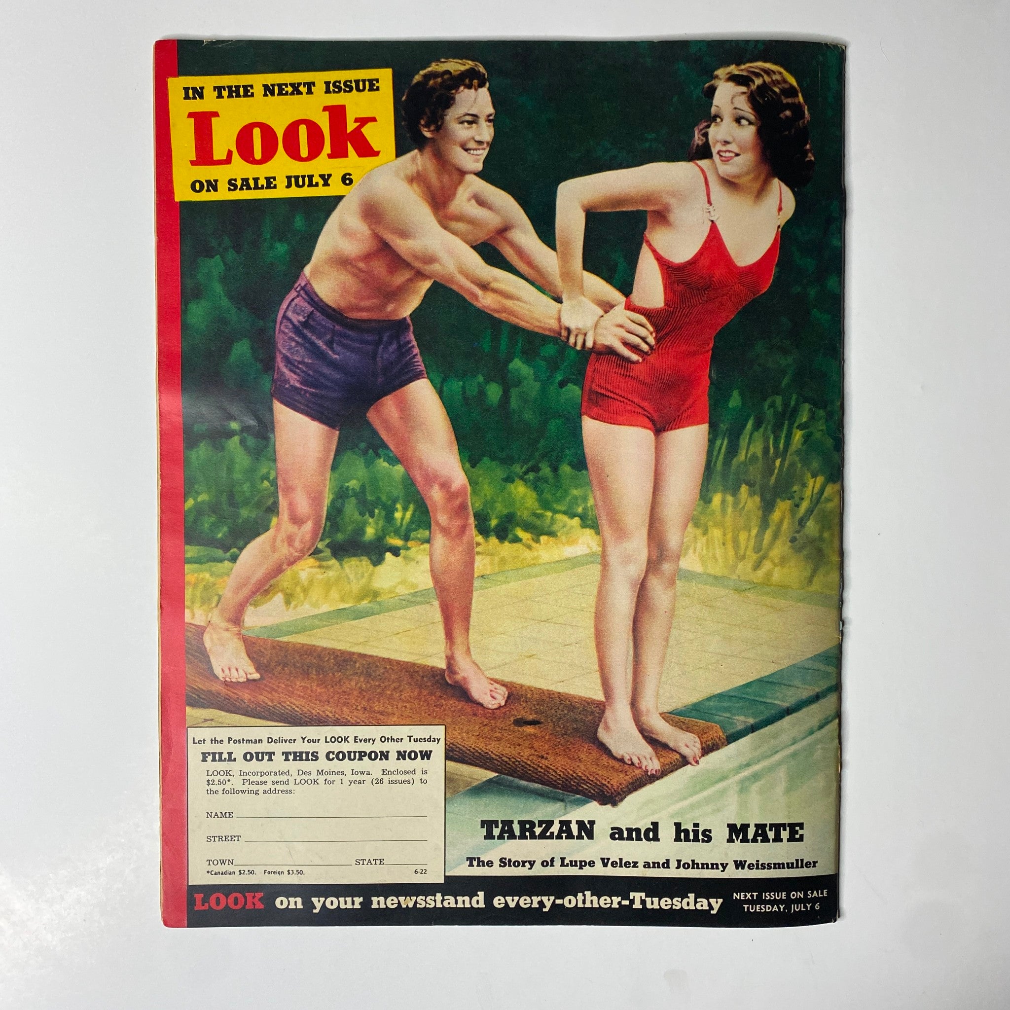 Cover of Look Magazine dated July 6, 1937 featuring the title 'Look' prominently at the top, depicting a promotional image for 'Tarzan and his Mate' with a man in swimwear playfully pulling a woman in a red swimsuit, surrounded by lush greenery.