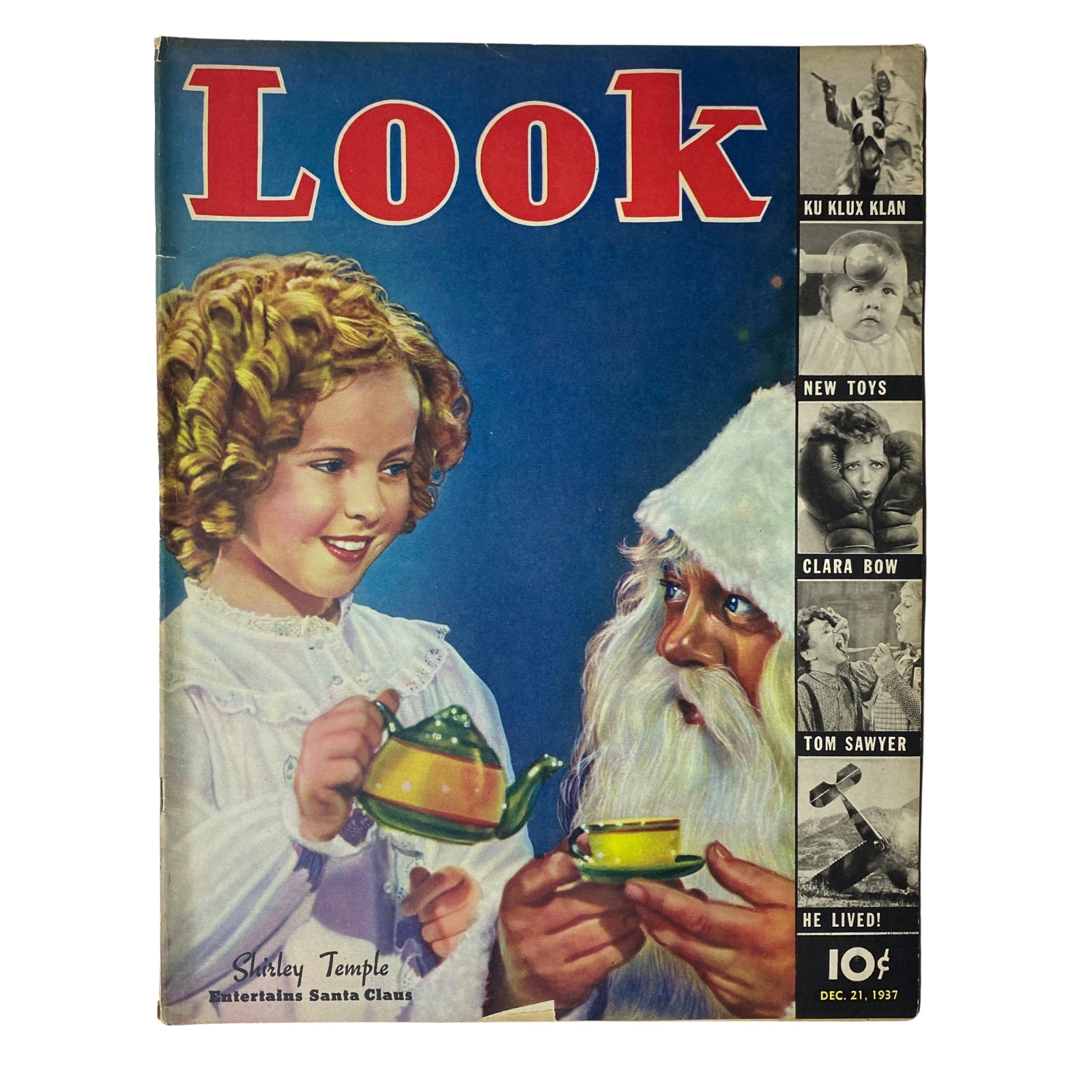 Look Magazine December 21, 1937 cover featuring Shirley Temple with Santa Claus, showcasing a vibrant holiday theme without a mailing label.