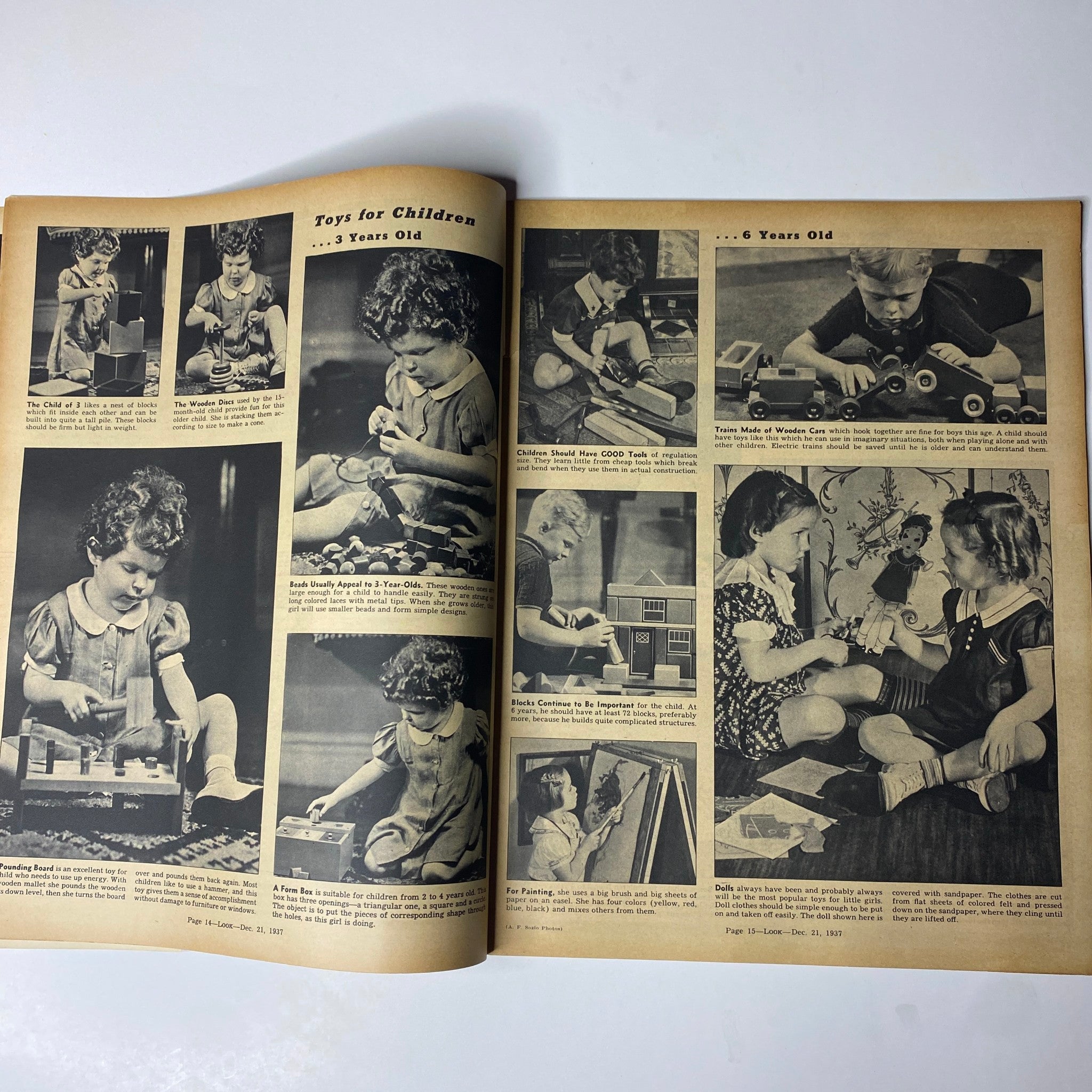 Toy recommendations for children aged 3 to 6, presented in Look Magazine December 21, 1937, highlighting vintage playtime activities.