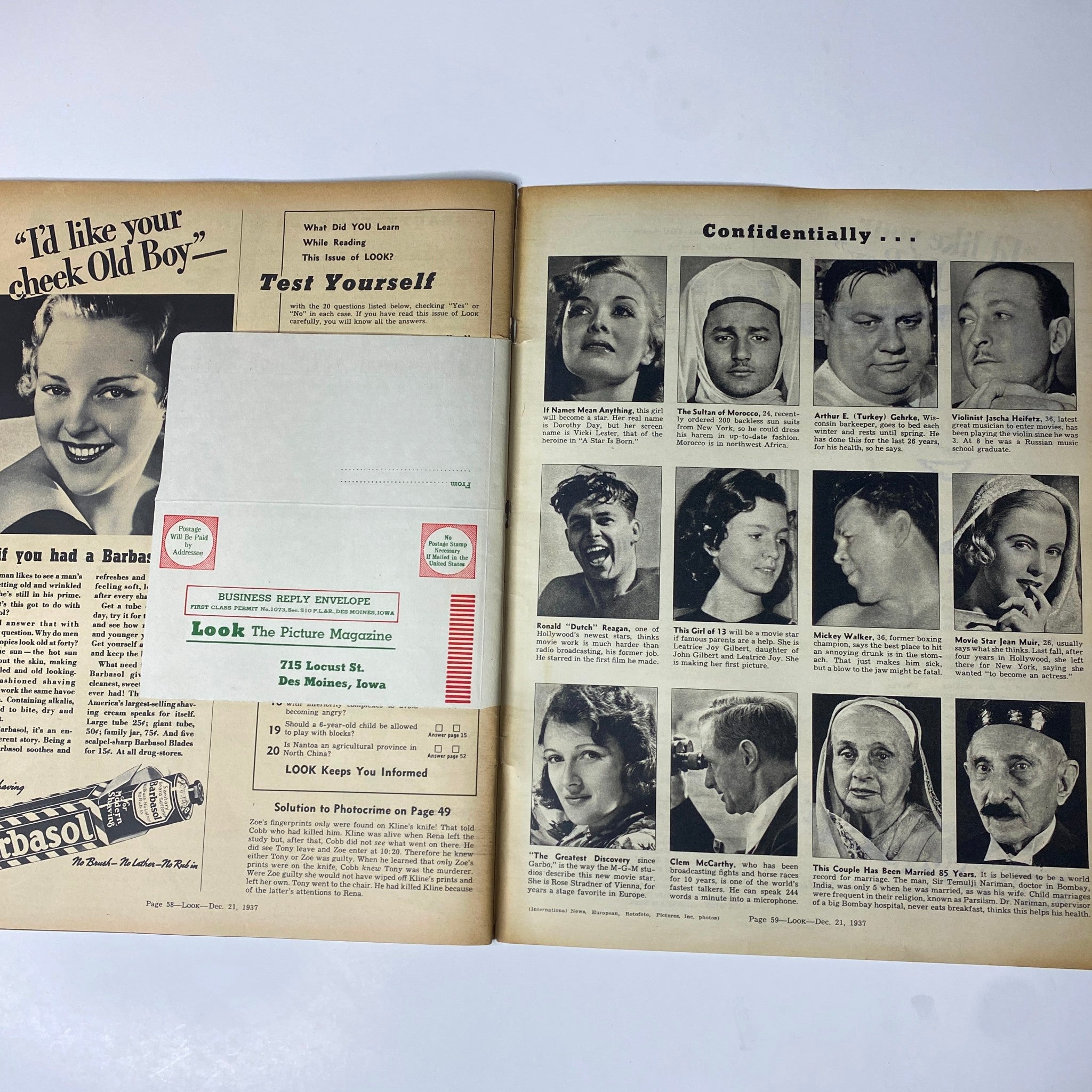 Interior page of Look Magazine December 21, 1937 featuring the headline 'Test Yourself' and images of celebrities, along with an advertisement for Look The Picture Magazine. This original issue includes features from the festive holiday edition centered around Shirley Temple and Santa Claus.