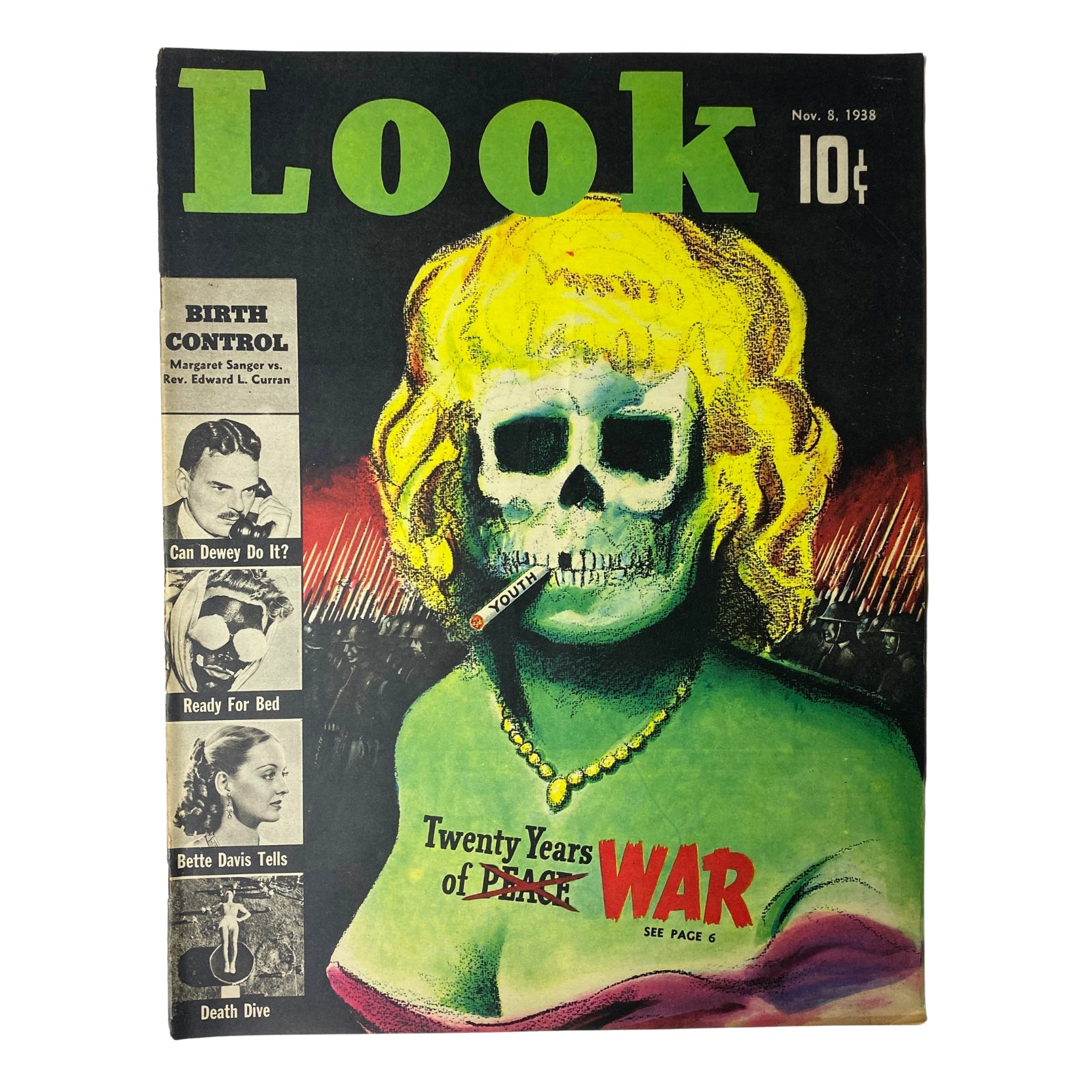 Cover of Look Magazine, November 8, 1938, featuring an artistic illustration related to 'Birth Control' and highlighting Bette Davis and Margaret Sanger. The magazine highlights 'Twenty Years of Peace' and features vivid colors and bold graphics.