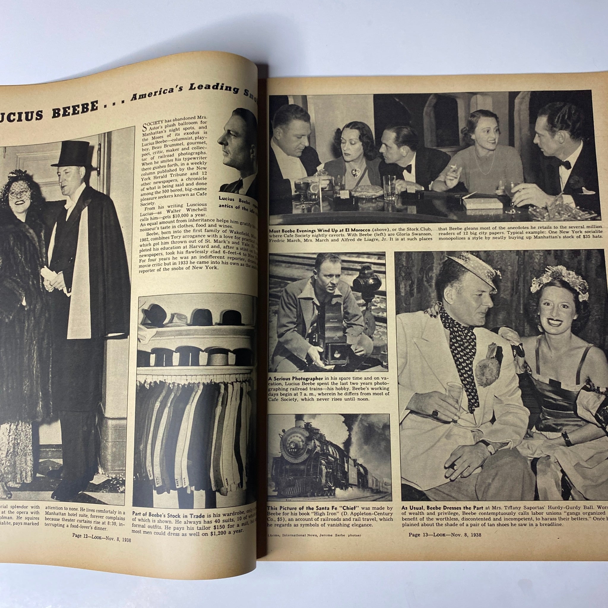Page from Look Magazine, November 8, 1938, showcasing Lucius Beebe, with images of social gatherings and fashion of the time. Highlights notable personalities and events relevant to 1930s celebrity culture.