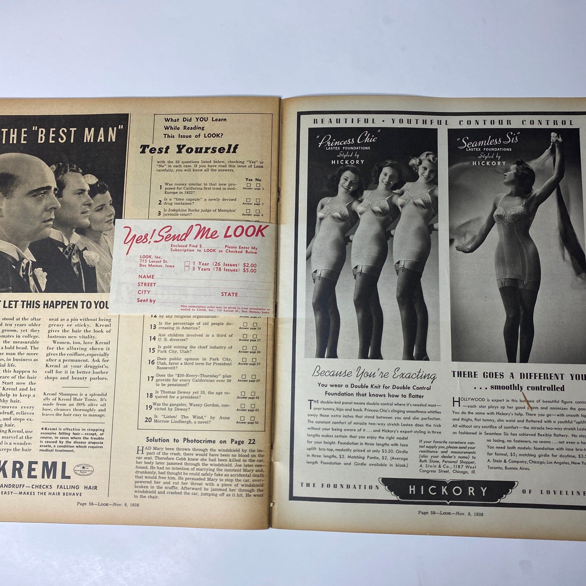 Look Magazine November 8, 1938 including an advertisement for 'Princess Chic', showcasing women's foundation garments along with a question and answer segment.