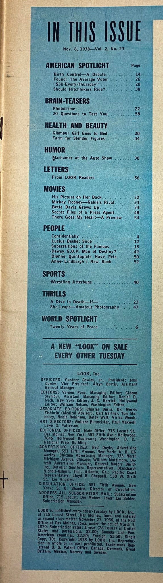 Table of contents from Look Magazine, November 8, 1938, listing articles including 'Birth Control—A Debate' and 'Bette Davis Grows Up'. Features a clean blue background with page numbers and sections.