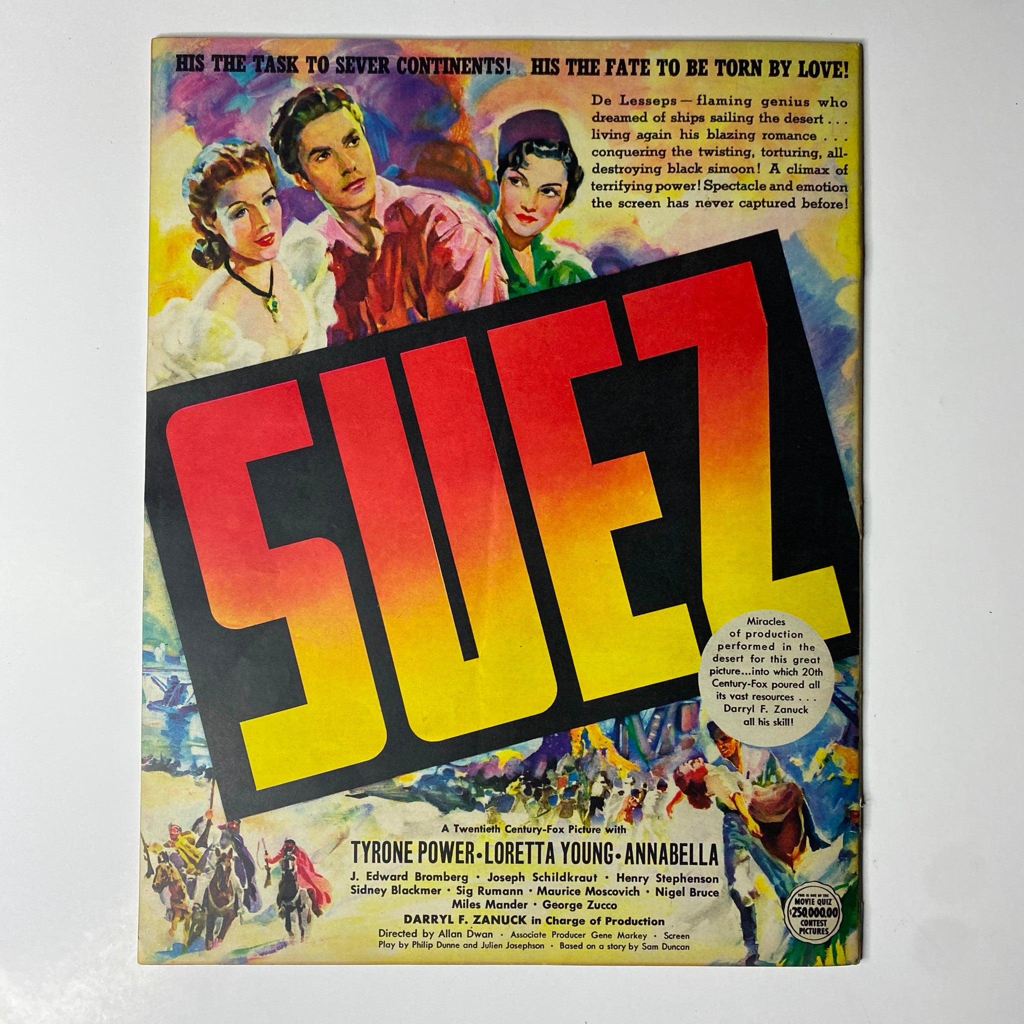 Look Magazine November 8, 1938 cover featuring the film 'Suez', depicting colorful imagery and promotional details about the movie starring Tyrone Power and Loretta Young.