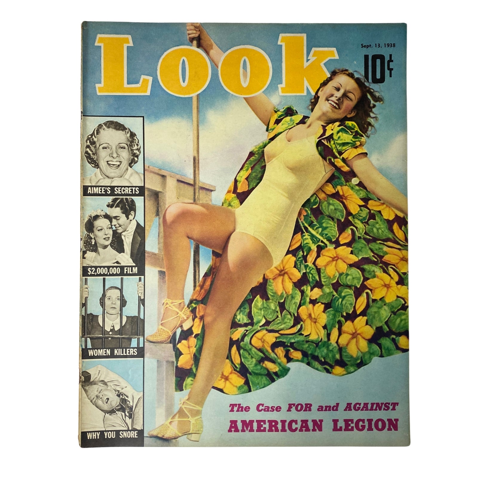 Cover of Look Magazine, September 13, 1938 featuring a smiling woman in a bathing suit with a colorful floral cape, highlighting a feature on Aimee Semple McPherson.