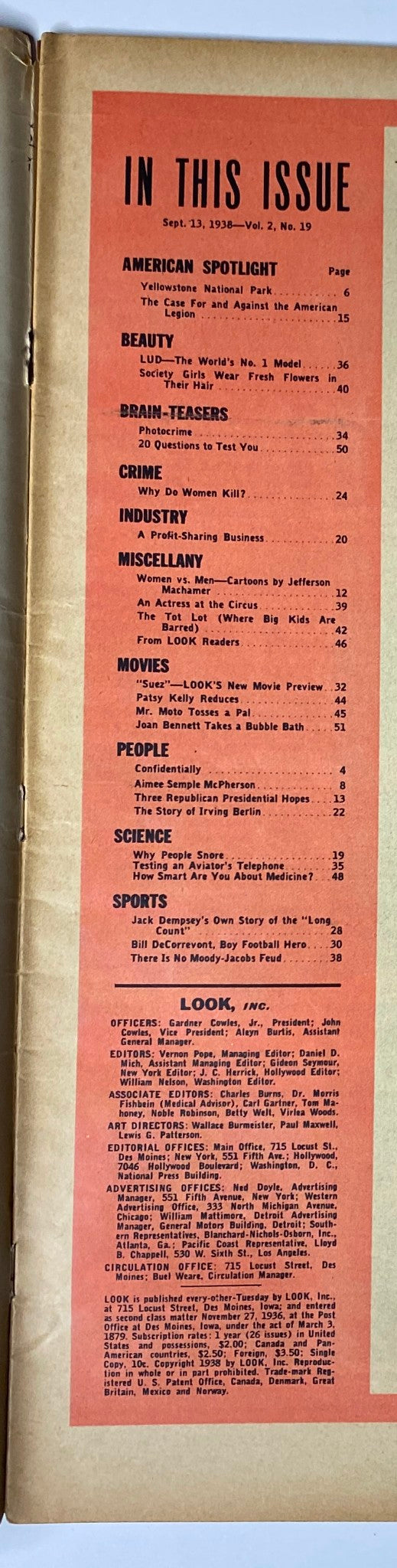 Table of contents from Look Magazine, September 13, 1938, listing articles like 'Yellowstone National Park' and 'The Case for and Against the American Legion'.