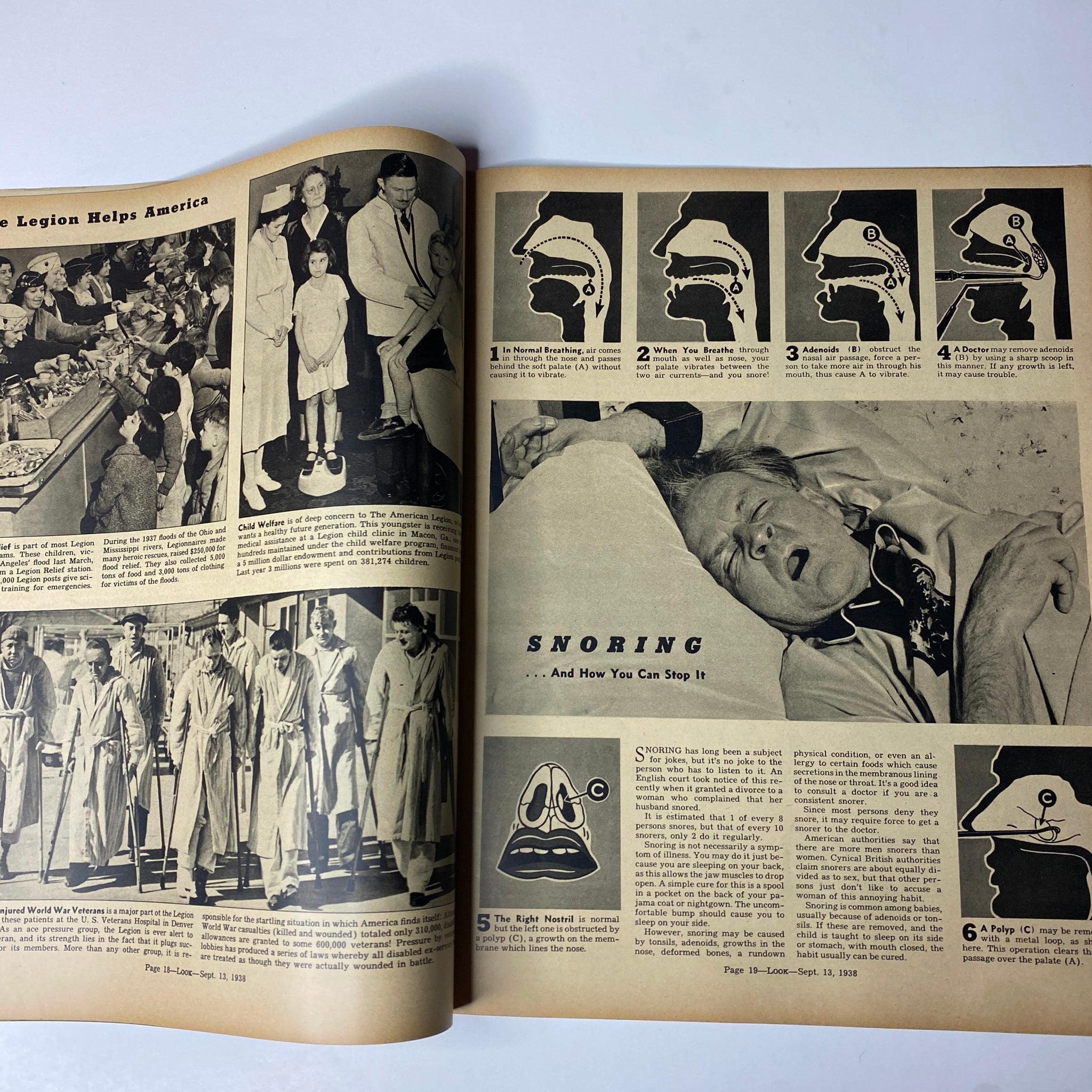 An interior spread from Look Magazine, September 13, 1938 discussing snoring with diagrams and images related to the topic.