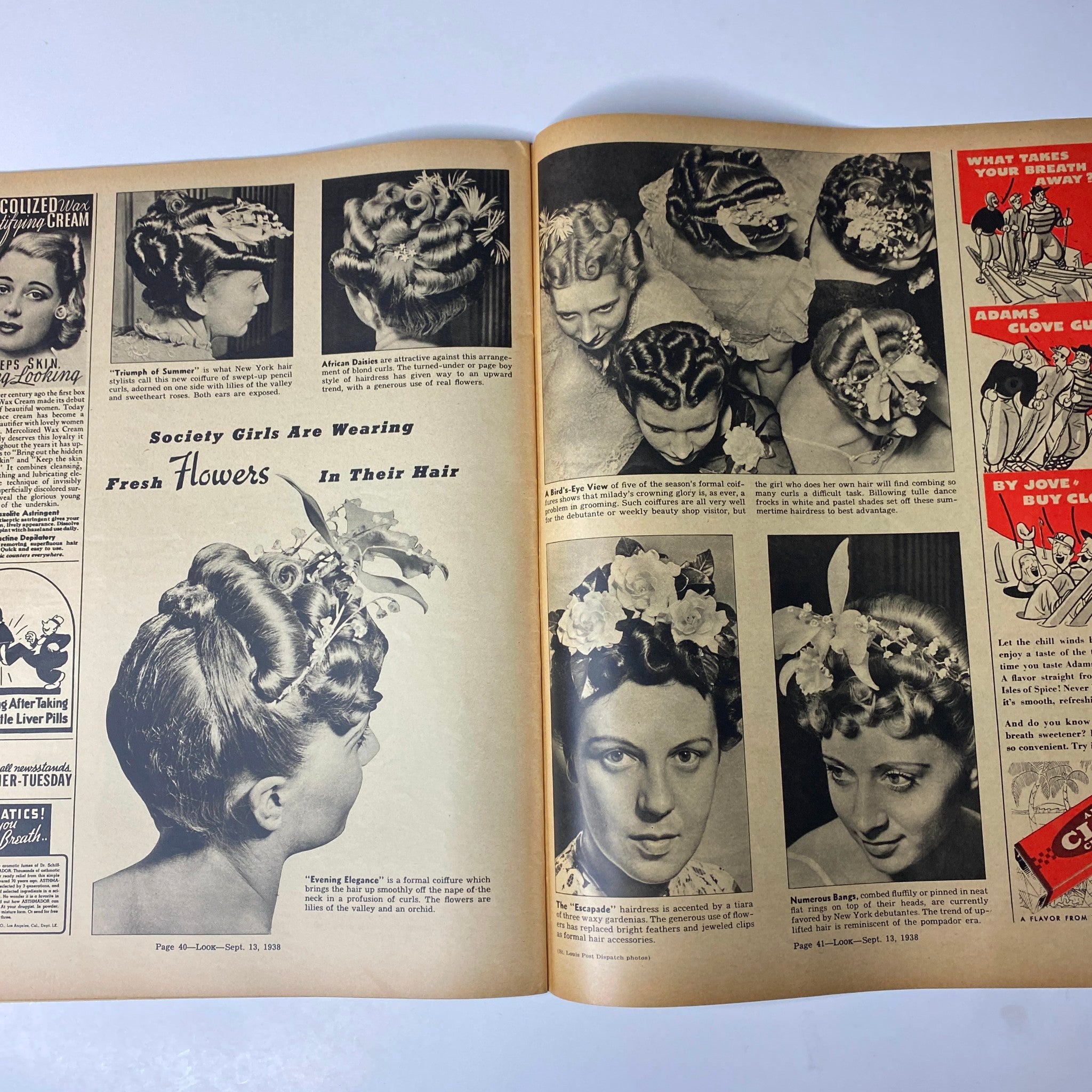 A feature spread from Look Magazine, September 13, 1938 showcasing hairstyles worn by society girls, adorned with fresh flowers.