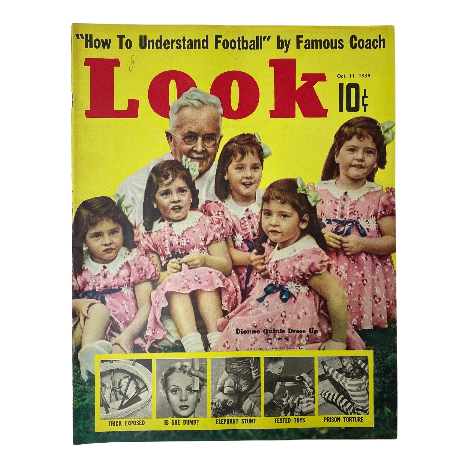Cover of Look Magazine, October 11, 1938, featuring The Dionne Quintuplets dressed in matching pink dresses alongside a man, highlighting the magazine's nostalgic content and vintage appeal.