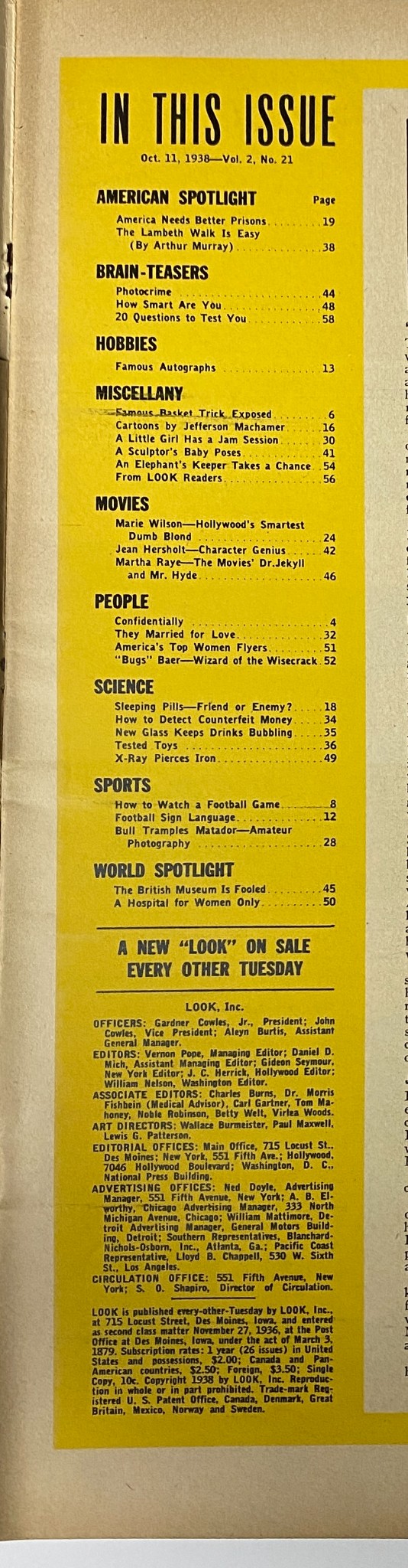 Table of Contents page from Look Magazine, October 11, 1938, listing featured articles including 'America Needs Better Prisons' and 'Famous Autographs', showcasing the diverse topics covered in the issue.