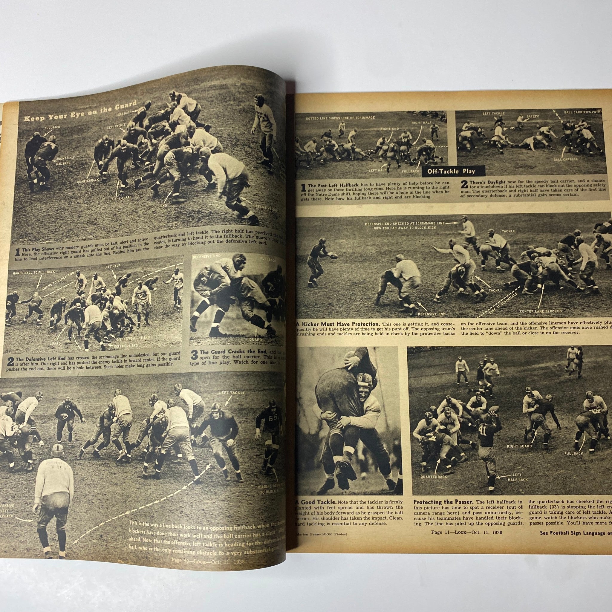 Page from Look Magazine, October 11, 1938, illustrating football tactics and strategies with detailed images, part of an article titled 'How to Understand Football'.