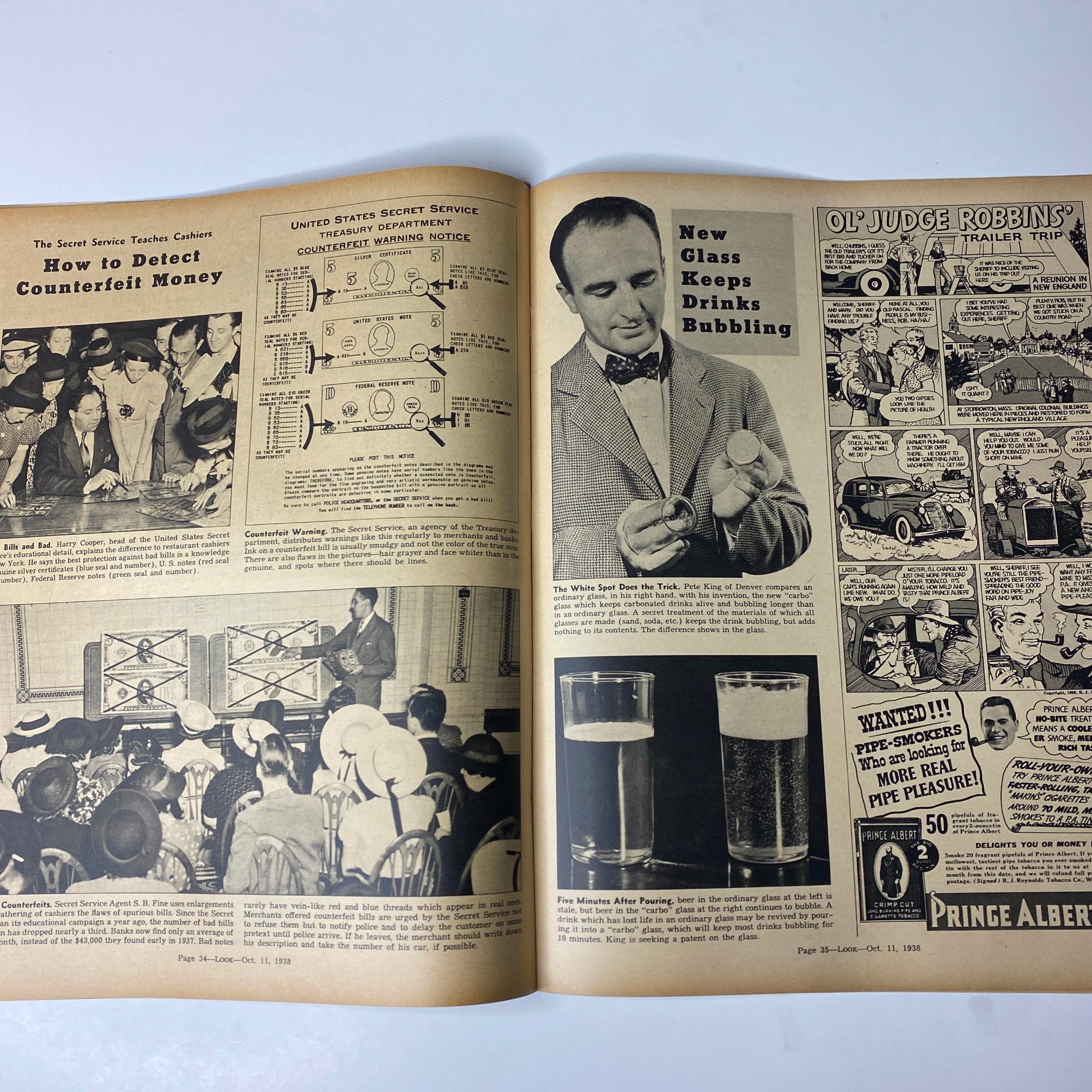 Page from Look Magazine, October 11, 1938, featuring instructions on detecting counterfeit money alongside an advertisement for a new type of glass, blending practical advice with vintage marketing.