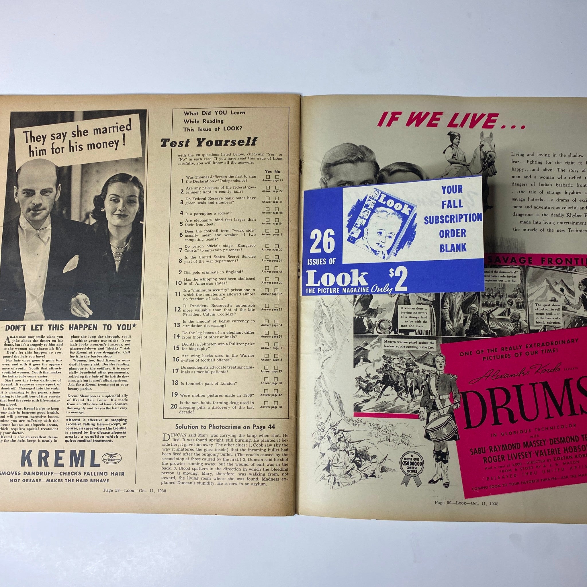 Inside Look Magazine from October 11, 1938, featuring a quiz titled 'Test Yourself' and an advertisement for subscribing to Look magazine for 26 issues for $2, highlighting the Dionne Quintuplets cover feature.