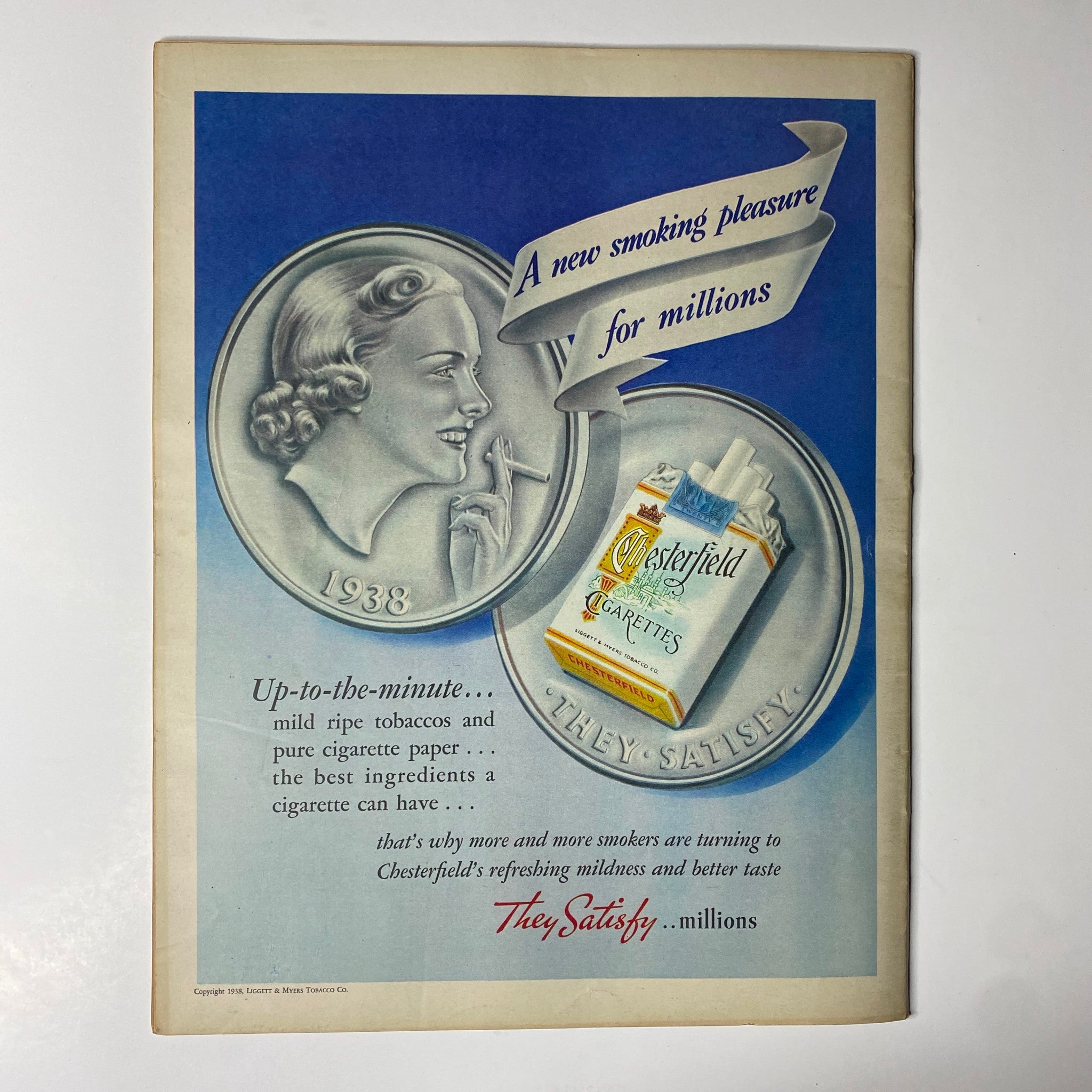 Vintage advertisement from Look Magazine, October 11, 1938, promoting Chesterfield cigarettes with the tagline 'A new smoking pleasure for millions', featuring a smiling woman holding a cigarette.