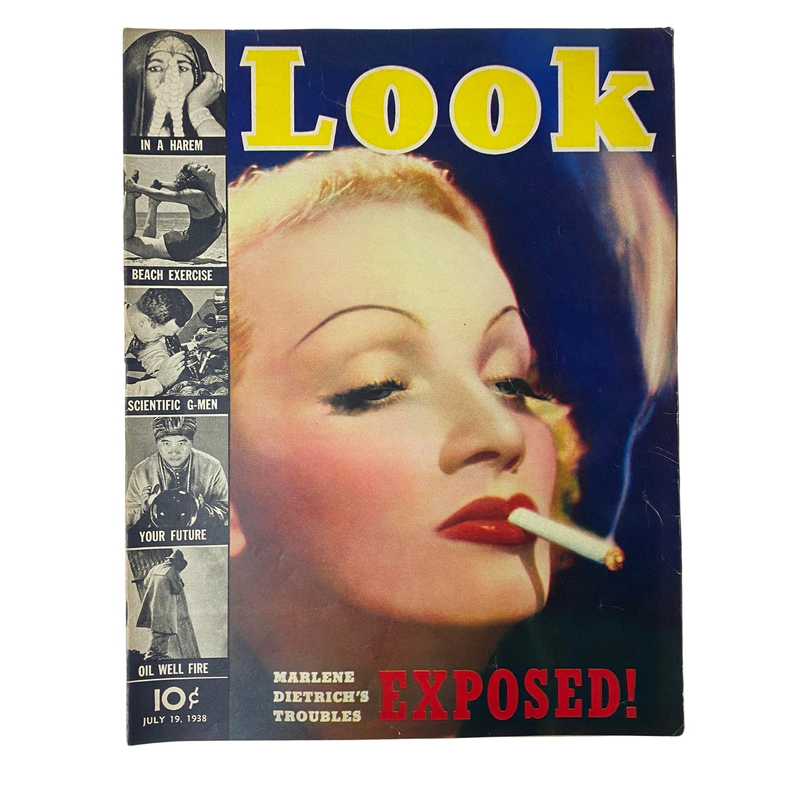 Cover of Look Magazine dated July 19, 1938 featuring Marlene Dietrich. The magazine showcases Dietrich's iconic beauty and the tagline 'Marlene Dietrich's Troubles Exposed!'.