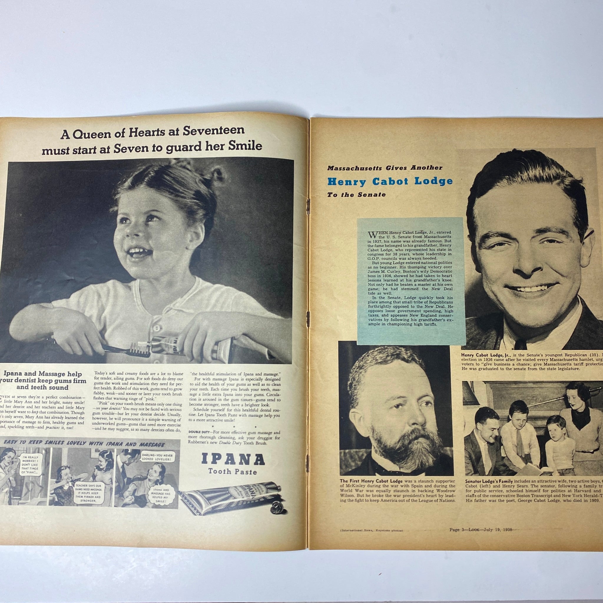 Interior pages of Look Magazine from July 19, 1938, featuring an advertisement for Ipana Tooth Paste alongside a photo of Henry Cabot Lodge. Includes text promoting dental hygiene for children.